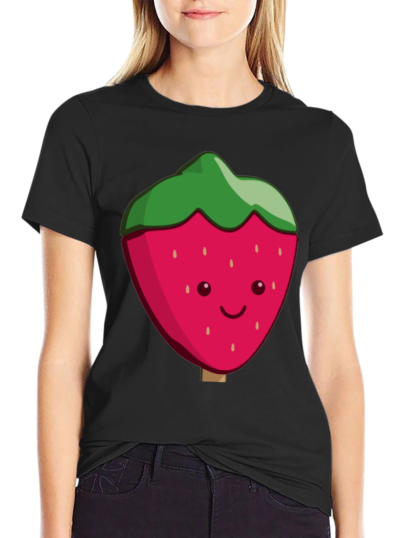 Cute Strawberry Graphic Black T-Shirt
