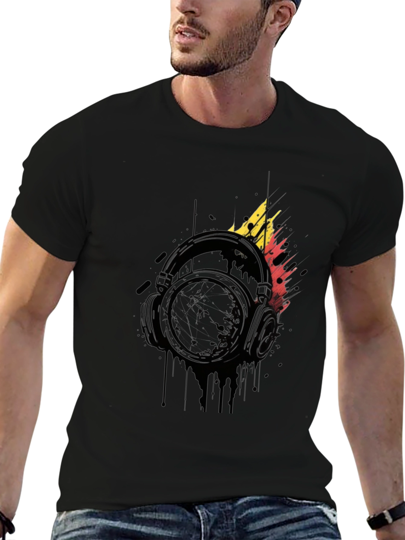 Abstract Headphones Graphic Black T-Shirt