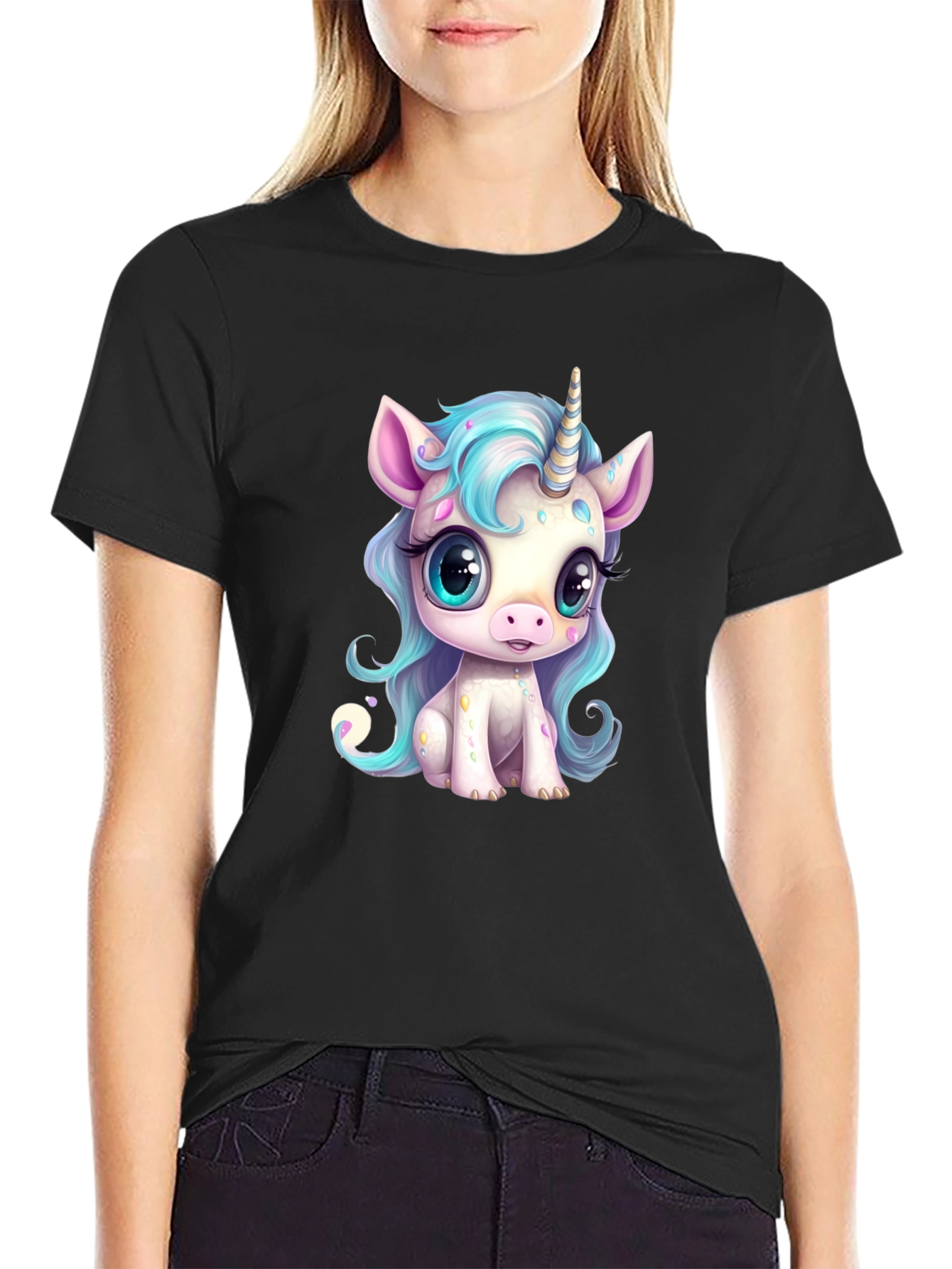 Cute Cartoon Unicorn Graphic Black T-Shirt