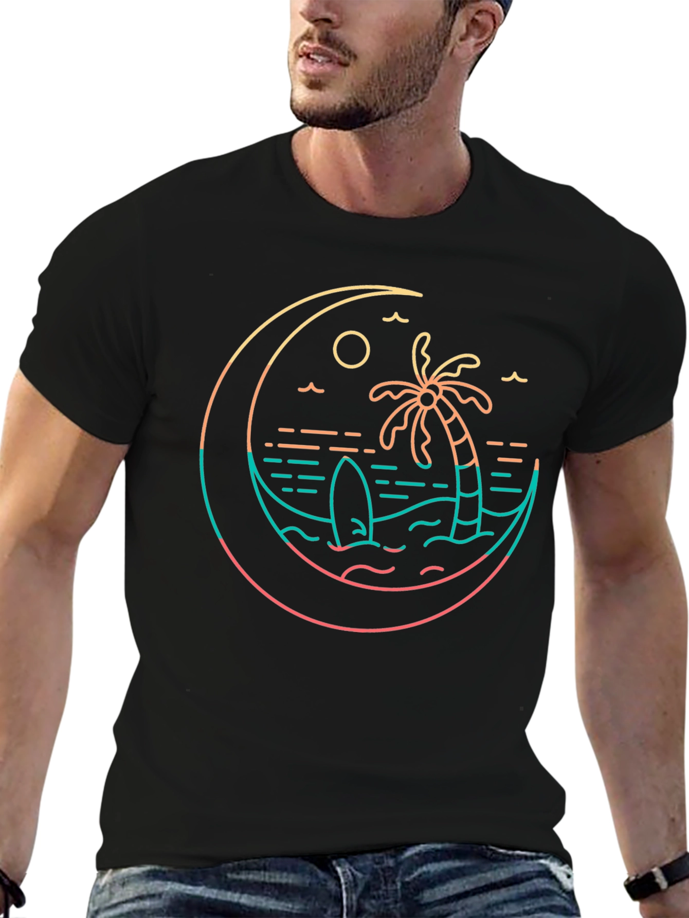 Tropical Beach T-Shirt Palm Tree Surfboard Graphic Tee