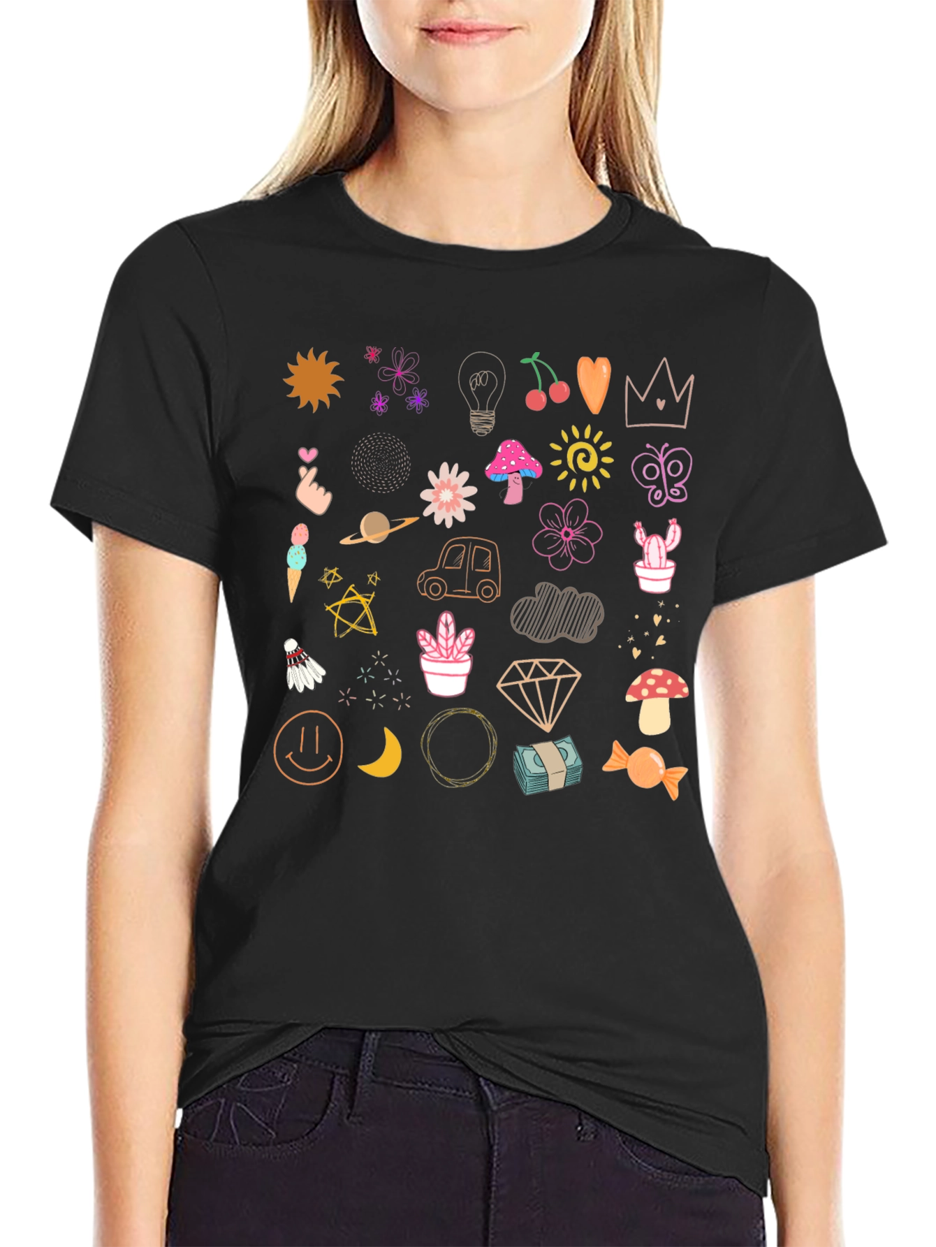Doodle Print Black T-Shirt - Fun & Quirky Style