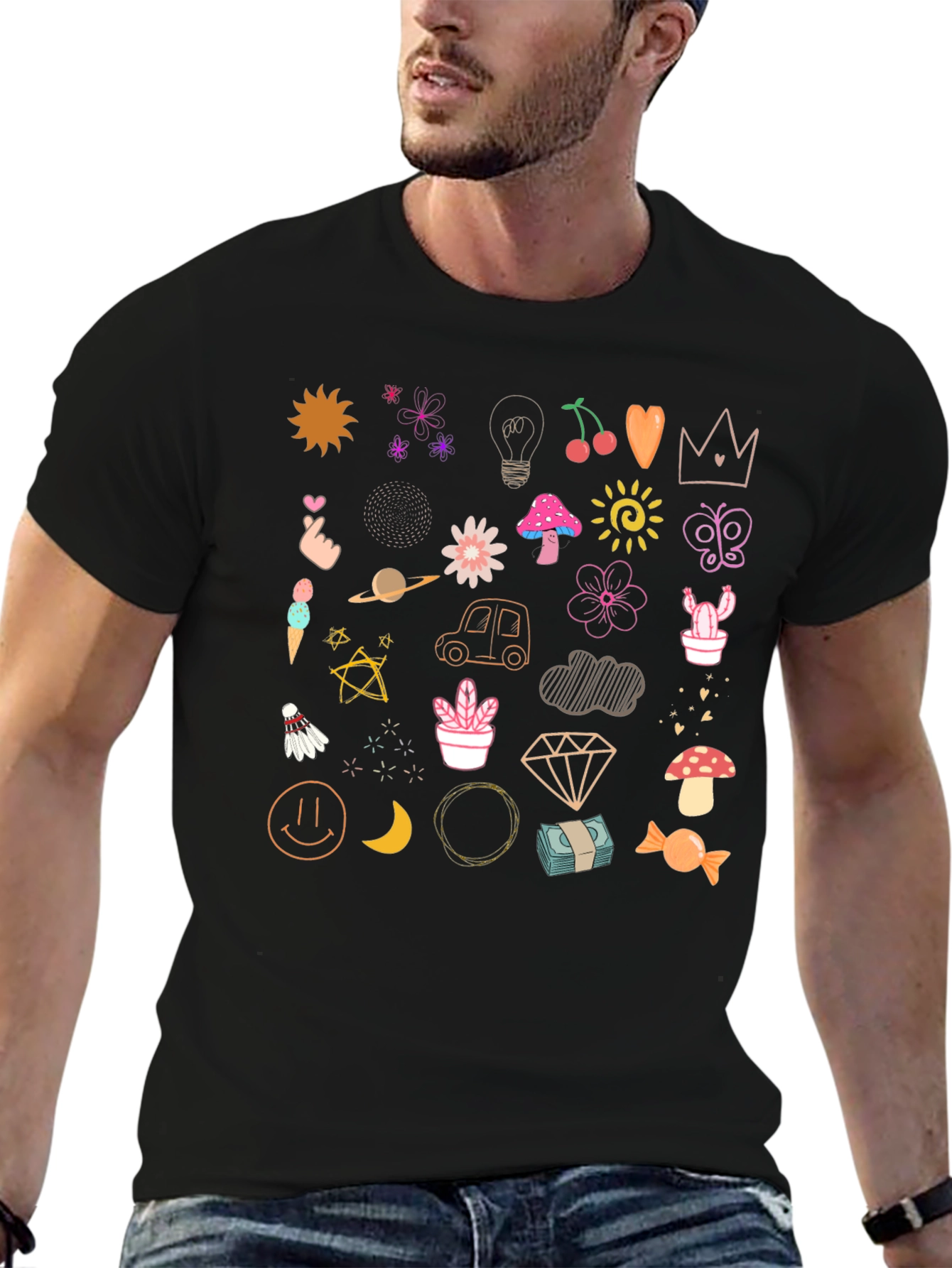 Doodle Print Black T-Shirt - Fun & Quirky Style