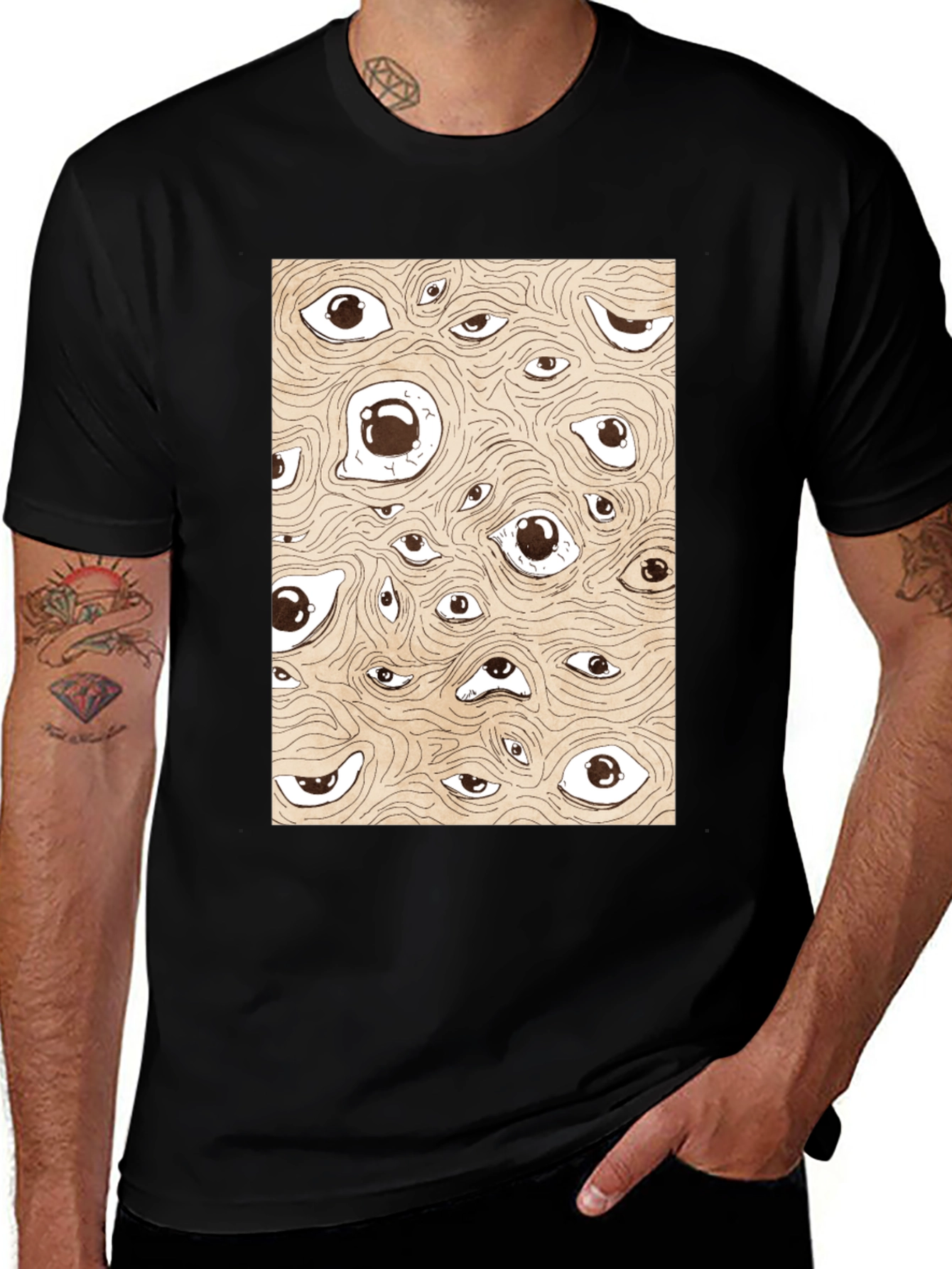 Surreal Eyes Pattern Black T-Shirt