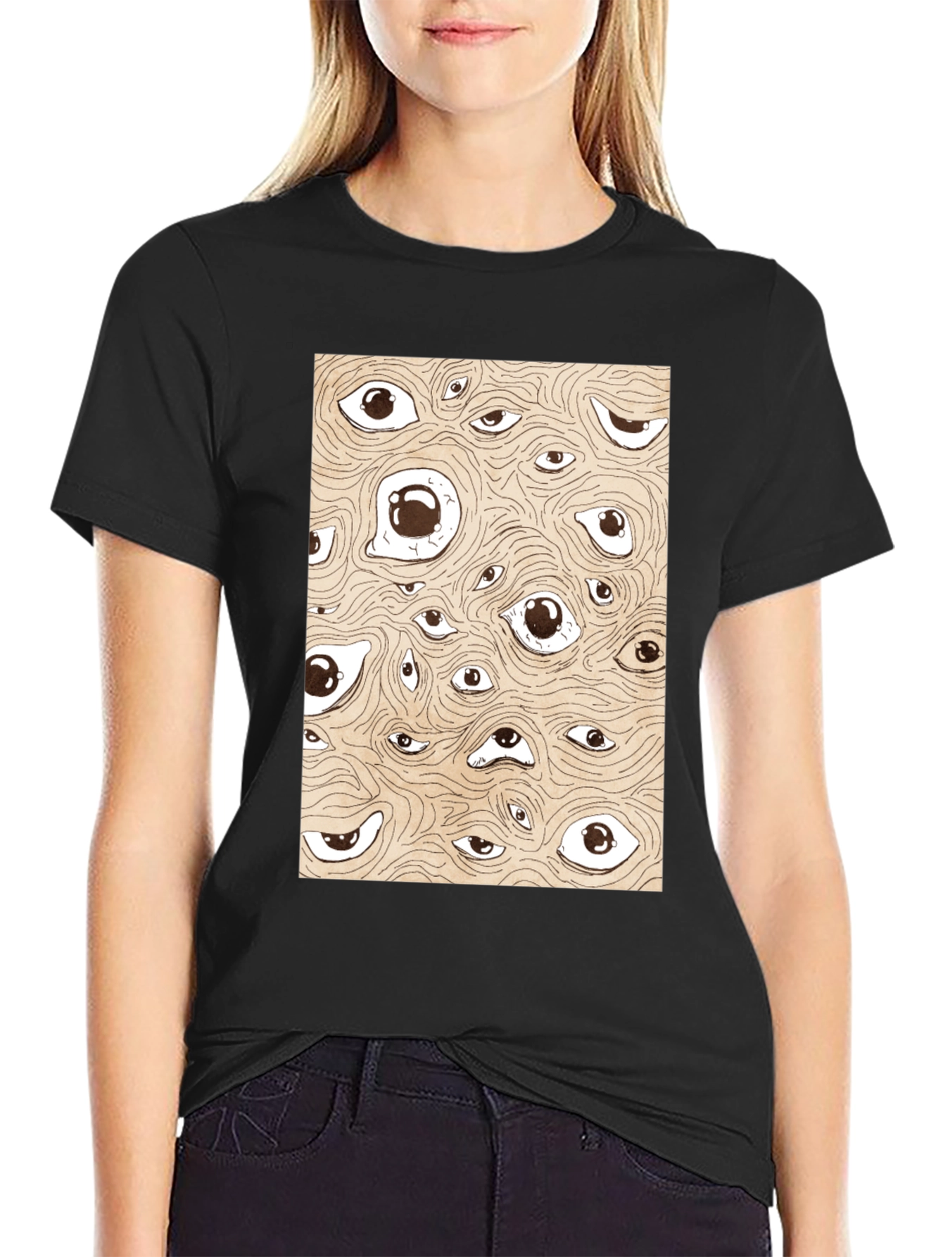Surreal Eyes Pattern Black T-Shirt