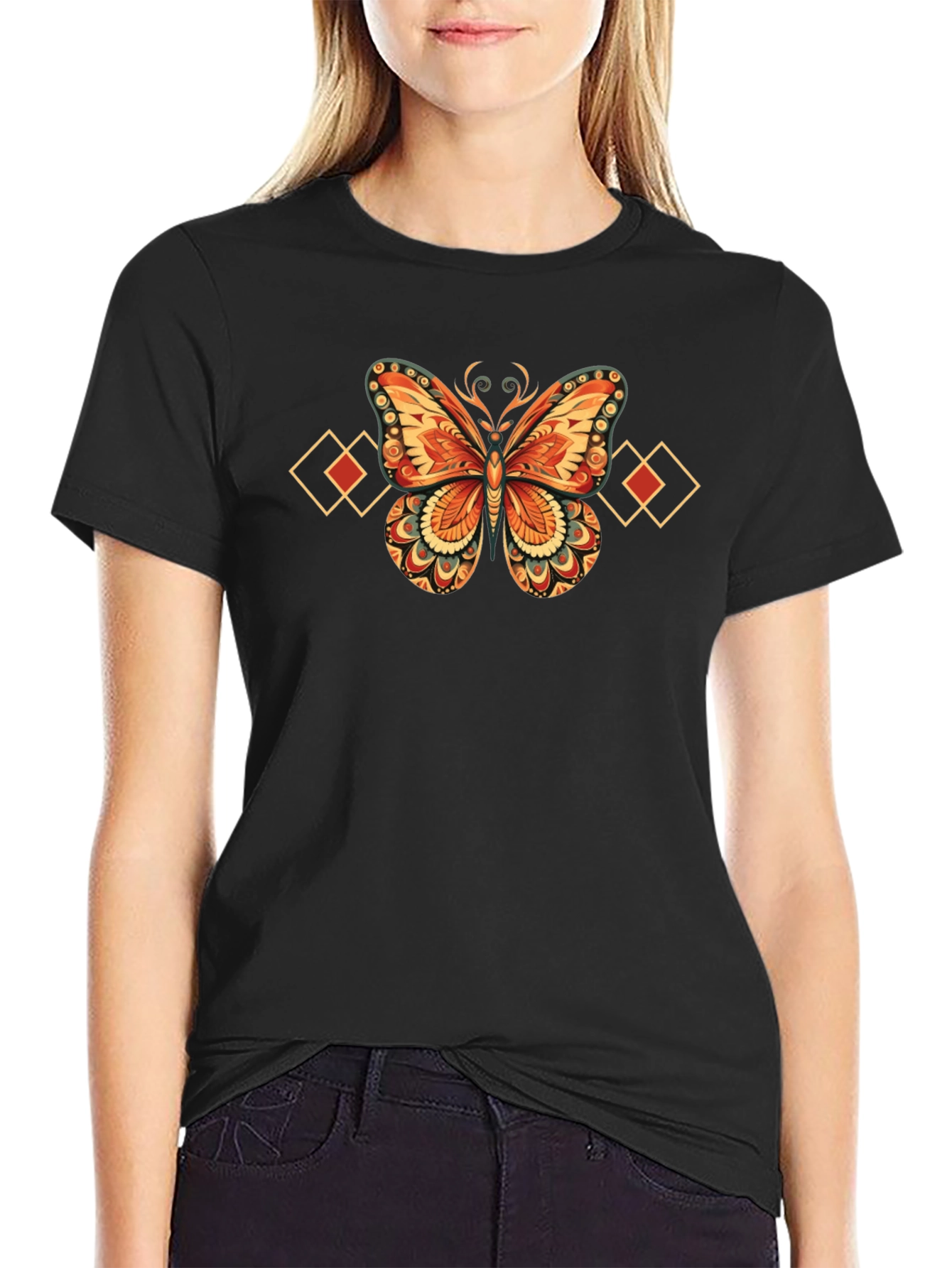 Butterfly Diamond Graphic Black T-Shirt