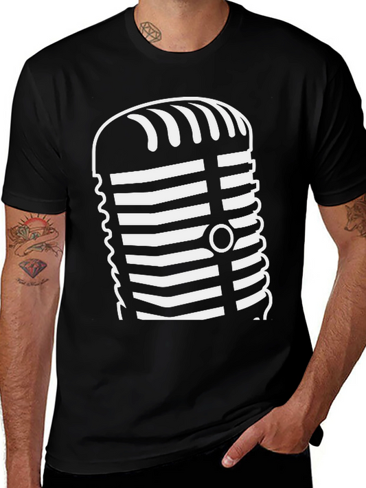Vintage Microphone Graphic Tee - Black Cotton Shirt