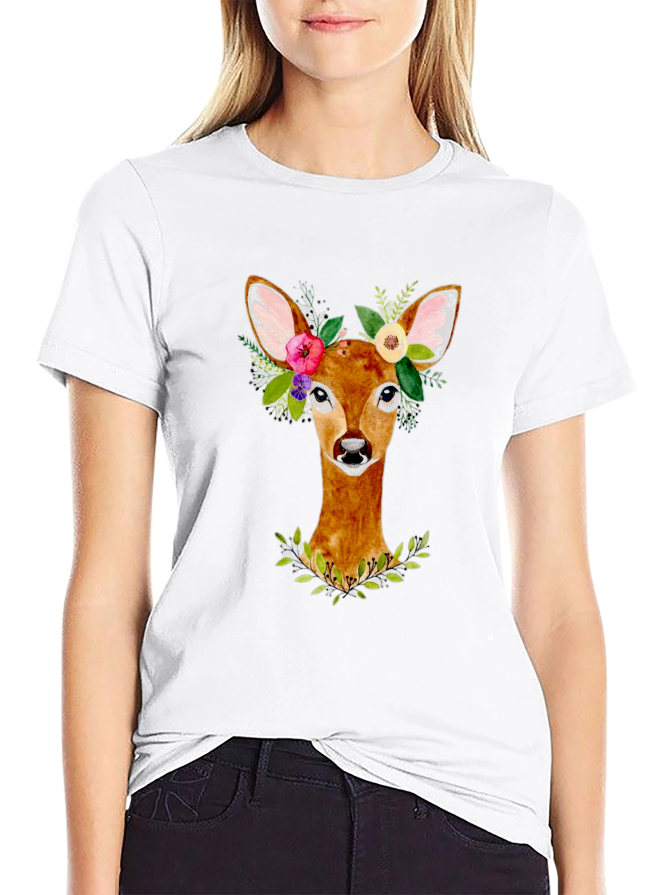 Floral Deer Graphic Tee - Unisex Black T-Shirt