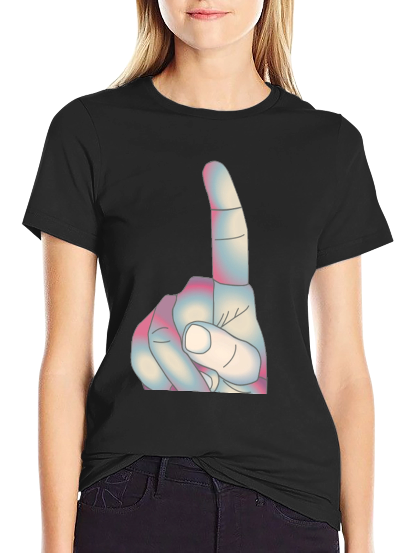 Novelty Finger Pointing Graphic Tee - Casual Black T-Shirt