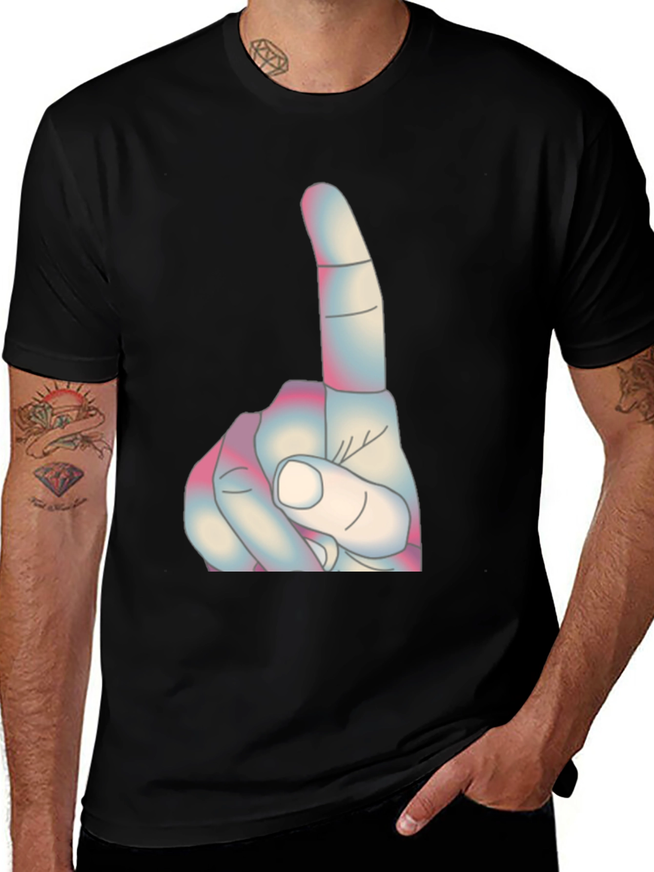 Novelty Finger Pointing Graphic Tee - Casual Black T-Shirt