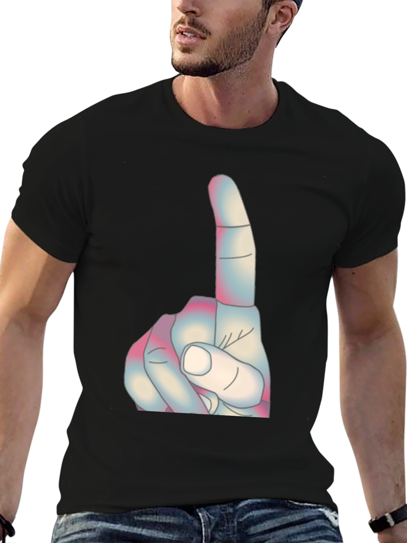 Novelty Finger Pointing Graphic Tee - Casual Black T-Shirt
