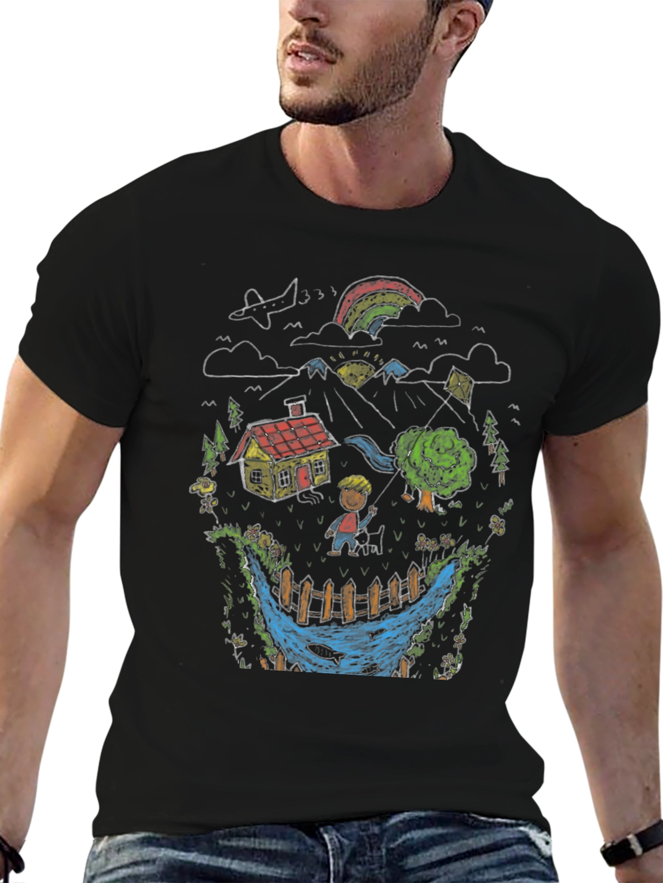 Whimsical Landscape Graphic Tee - Black Cotton Blend