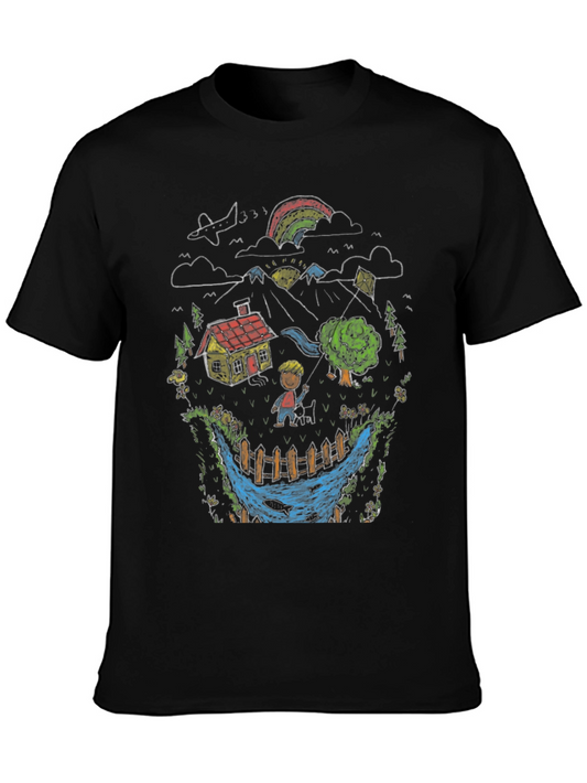 Whimsical Landscape Graphic Tee - Black Cotton Blend