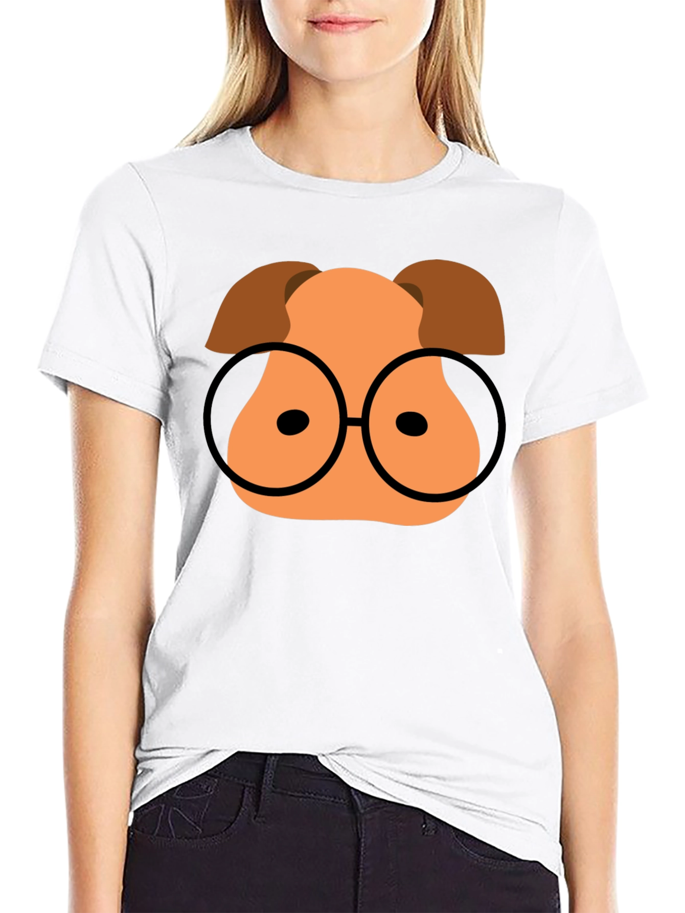 Cartoon Dog with Glasses Black T-Shirt