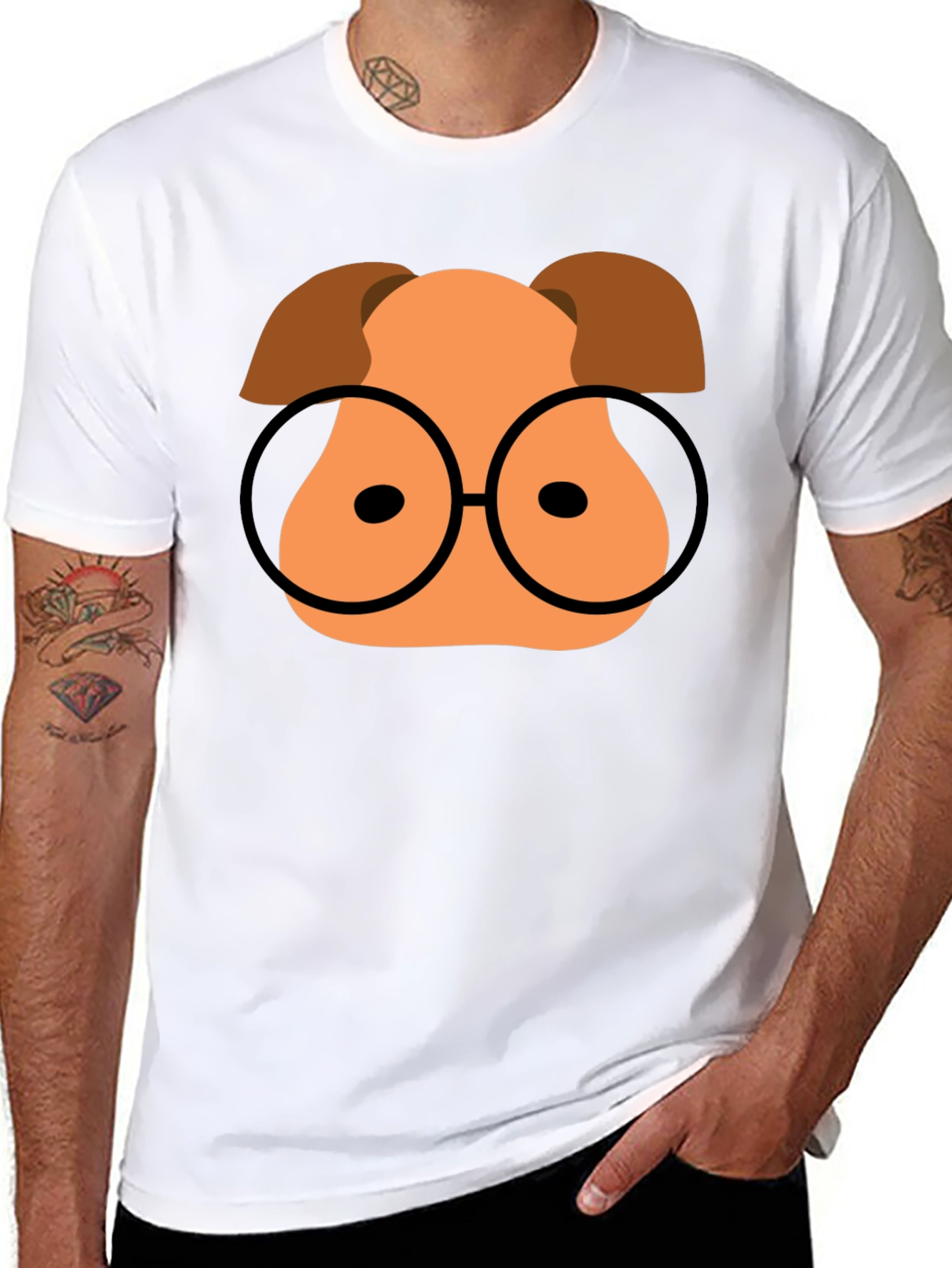 Cartoon Dog with Glasses Black T-Shirt