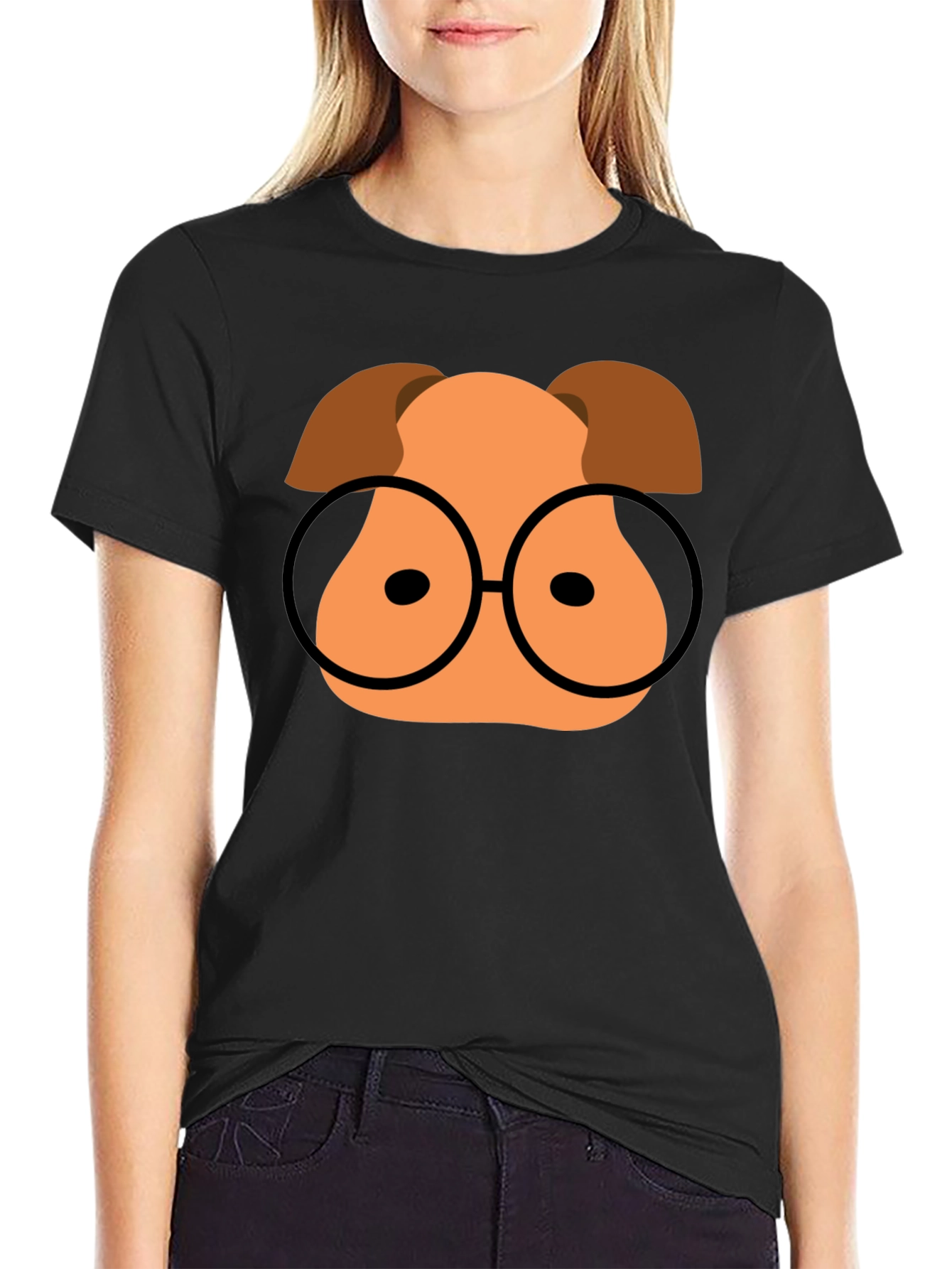 Cartoon Dog with Glasses Black T-Shirt