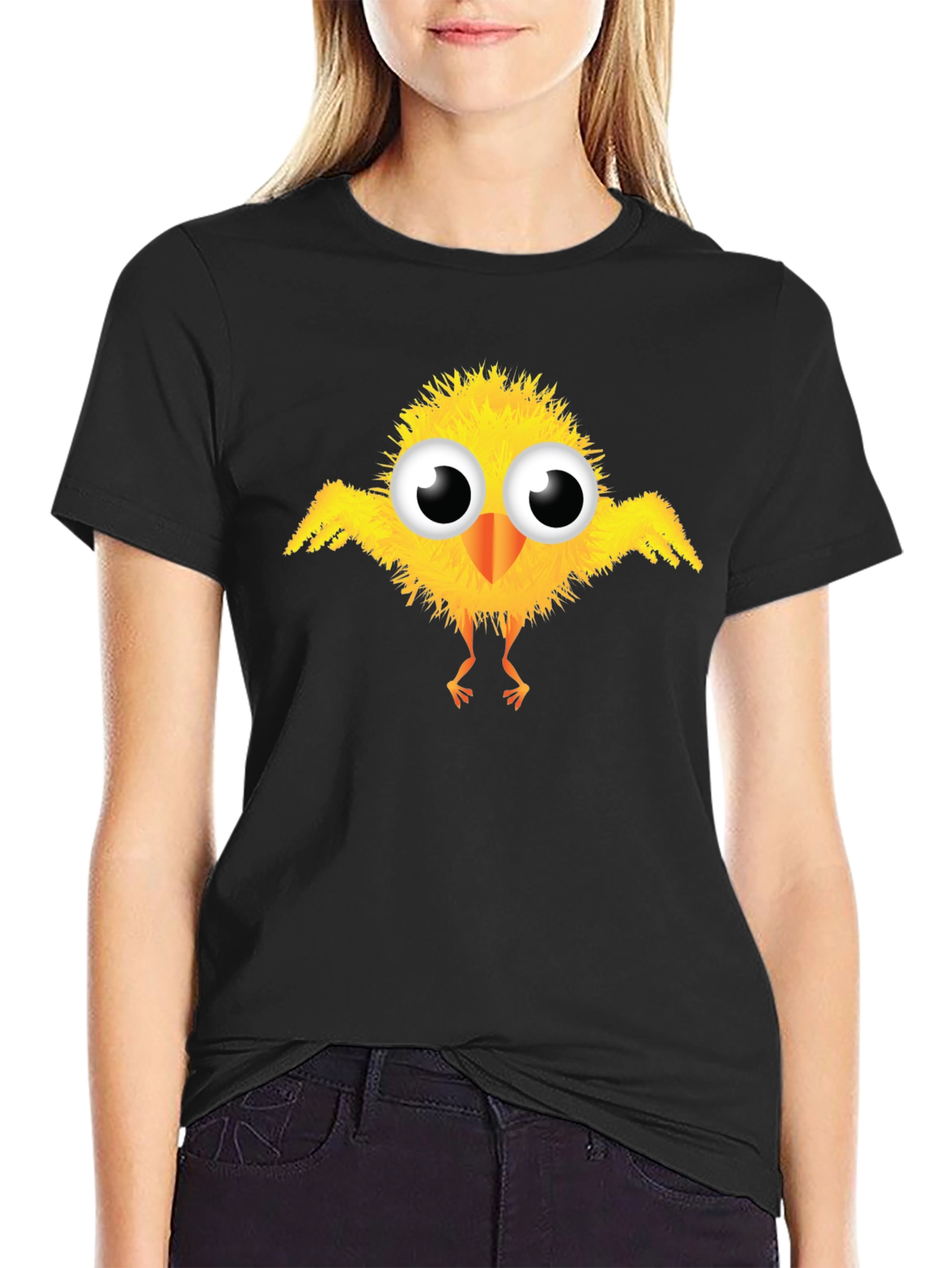 Cute Cartoon Chick Graphic Black T-Shirt