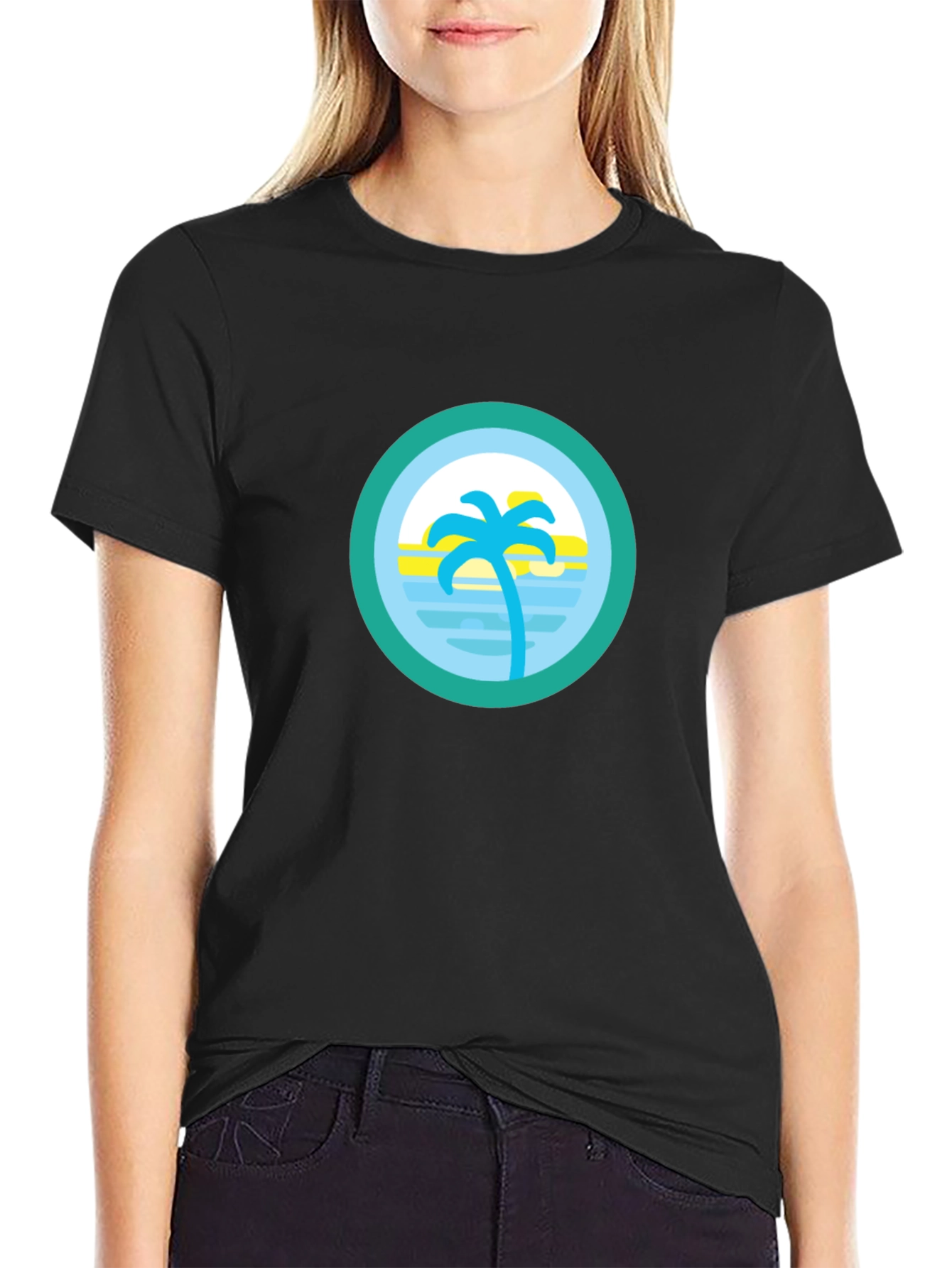 Tropical Palm Tree Circle Graphic Tee - Black