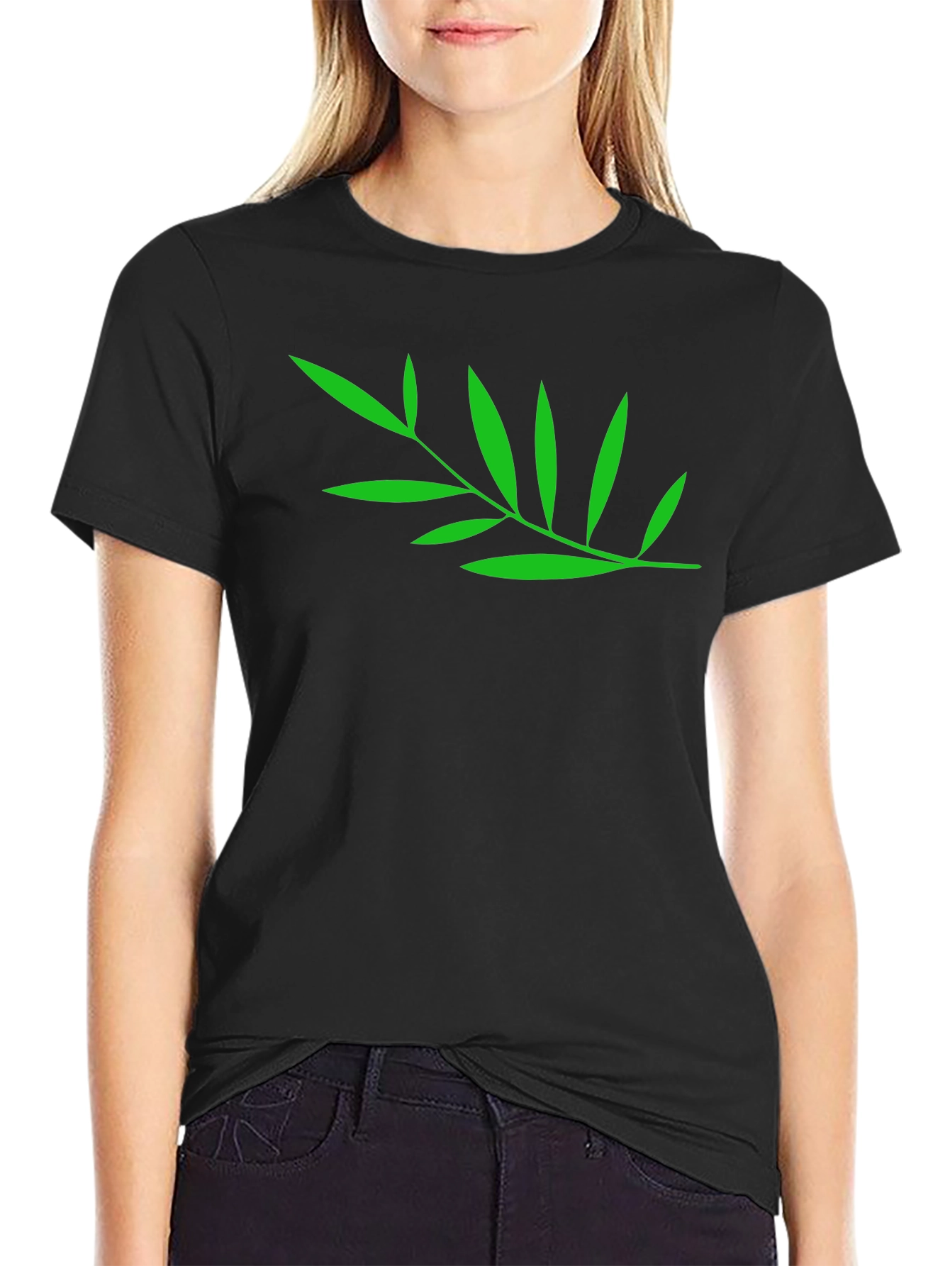 Green Leaf Black T-Shirt - Nature Inspired Casual Tee