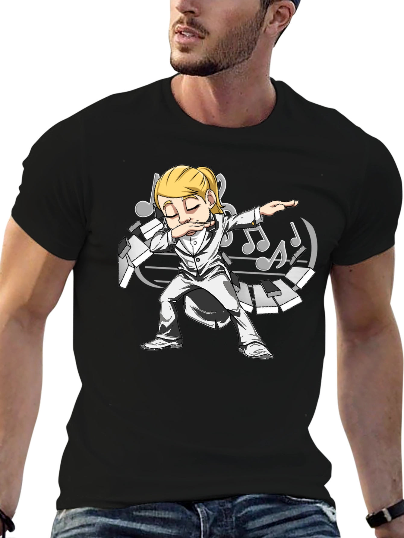Dabbing Musician Graphic T-Shirt - Black Cotton Tee