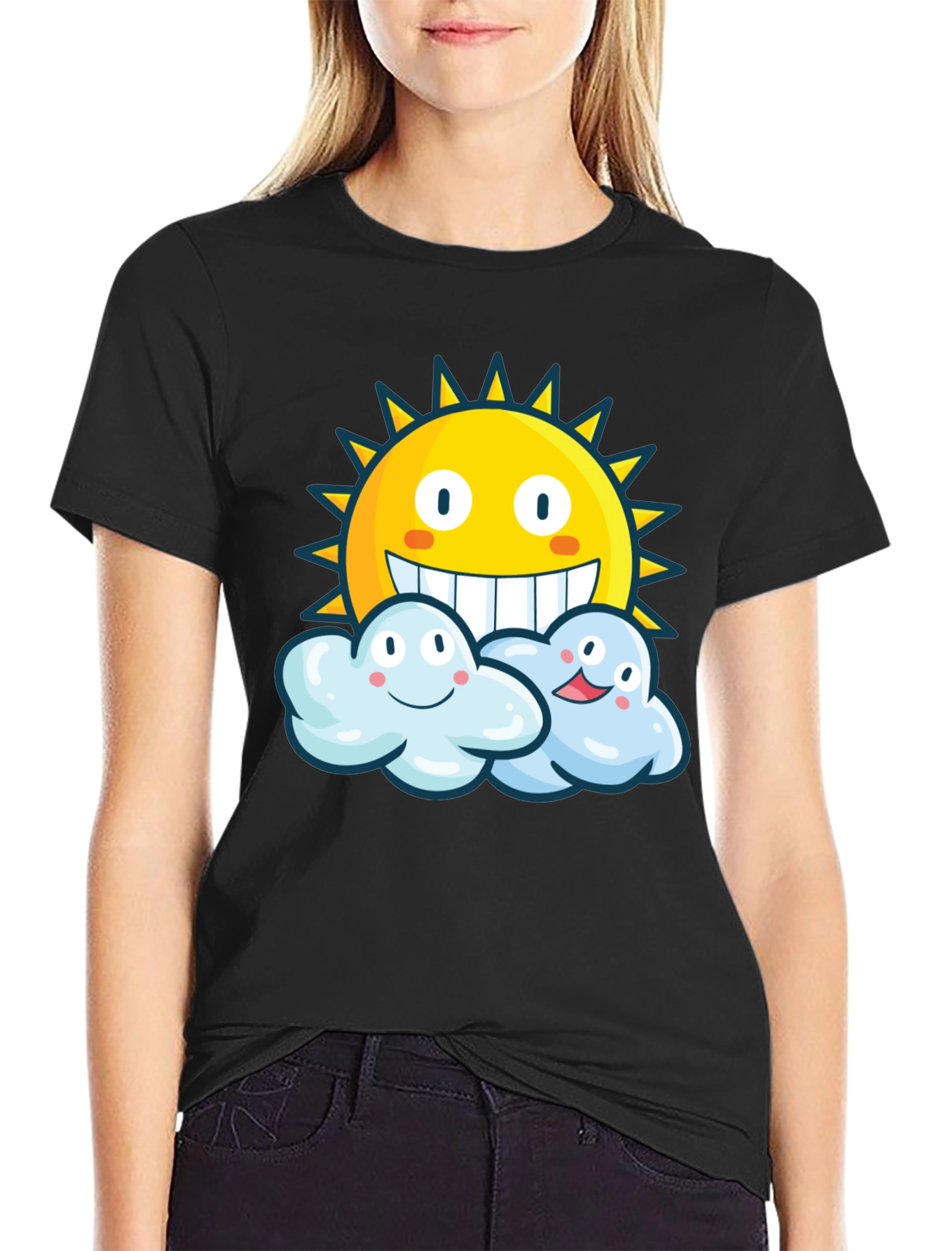 Happy Sun & Clouds Black T-Shirt