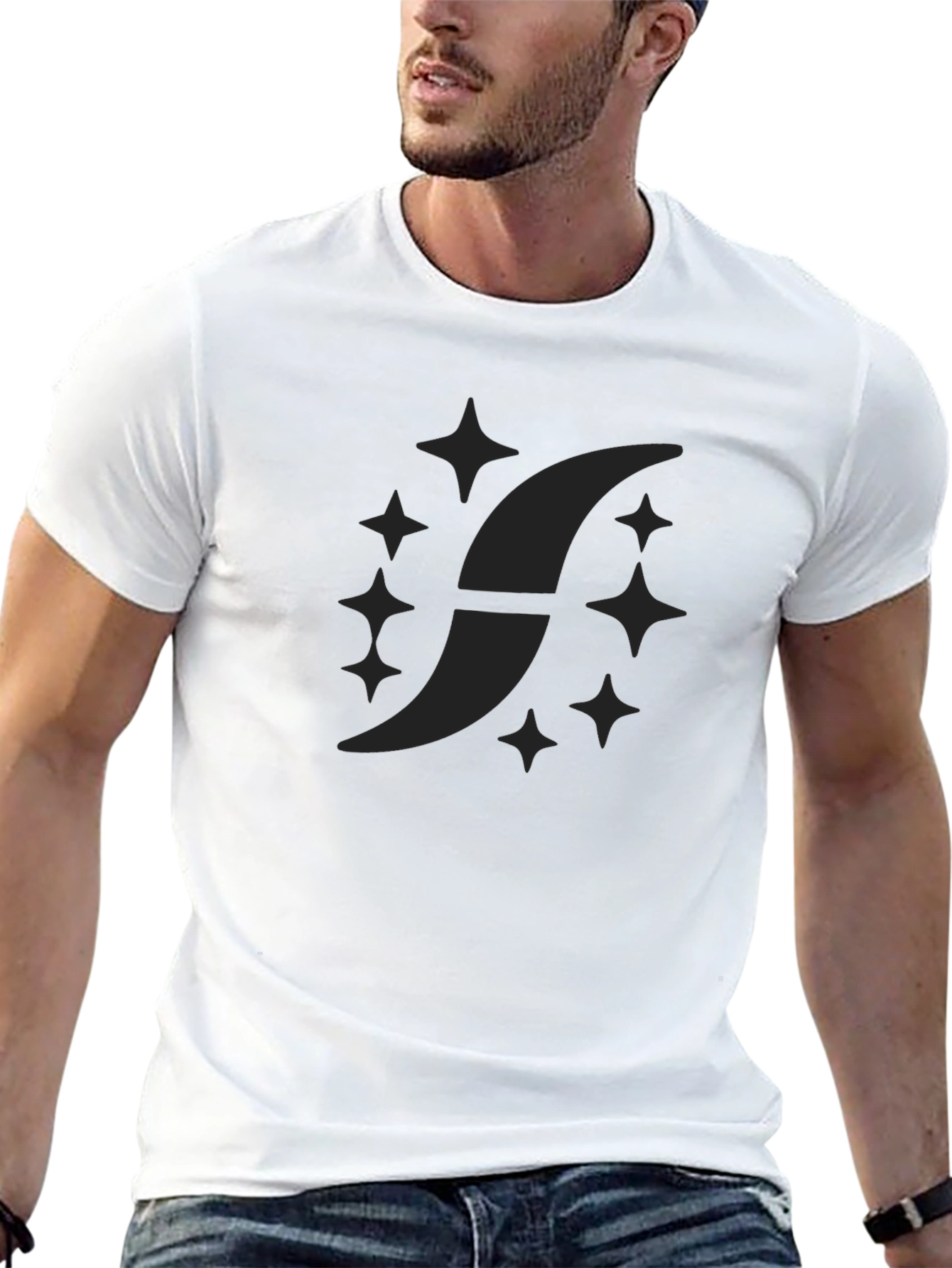 Mens Black Graphic Tee - Crescent & Stars Design