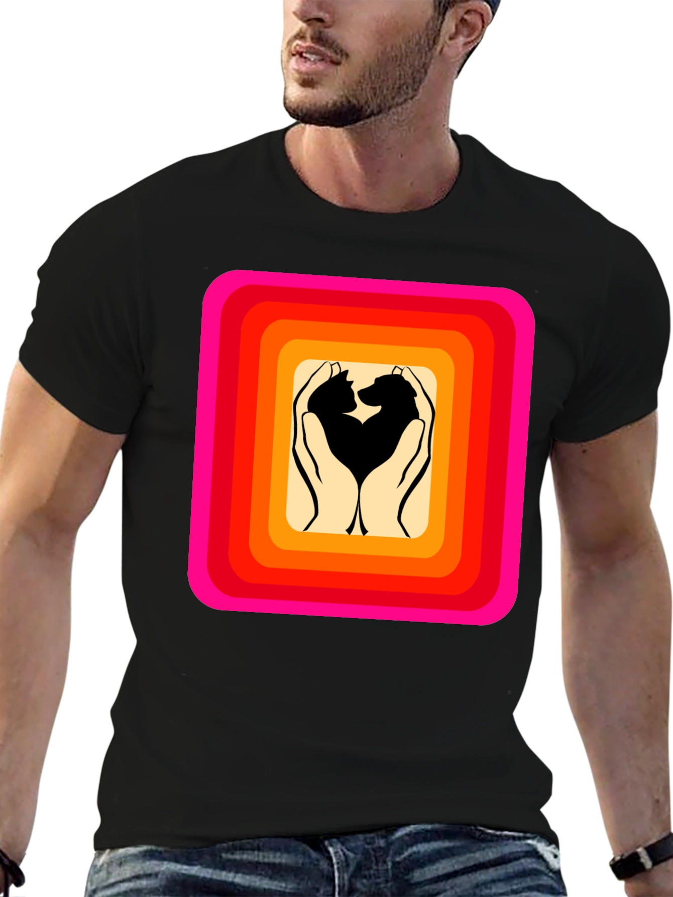 Retro Pet Love T-Shirt: Cat & Dog Hands Heart