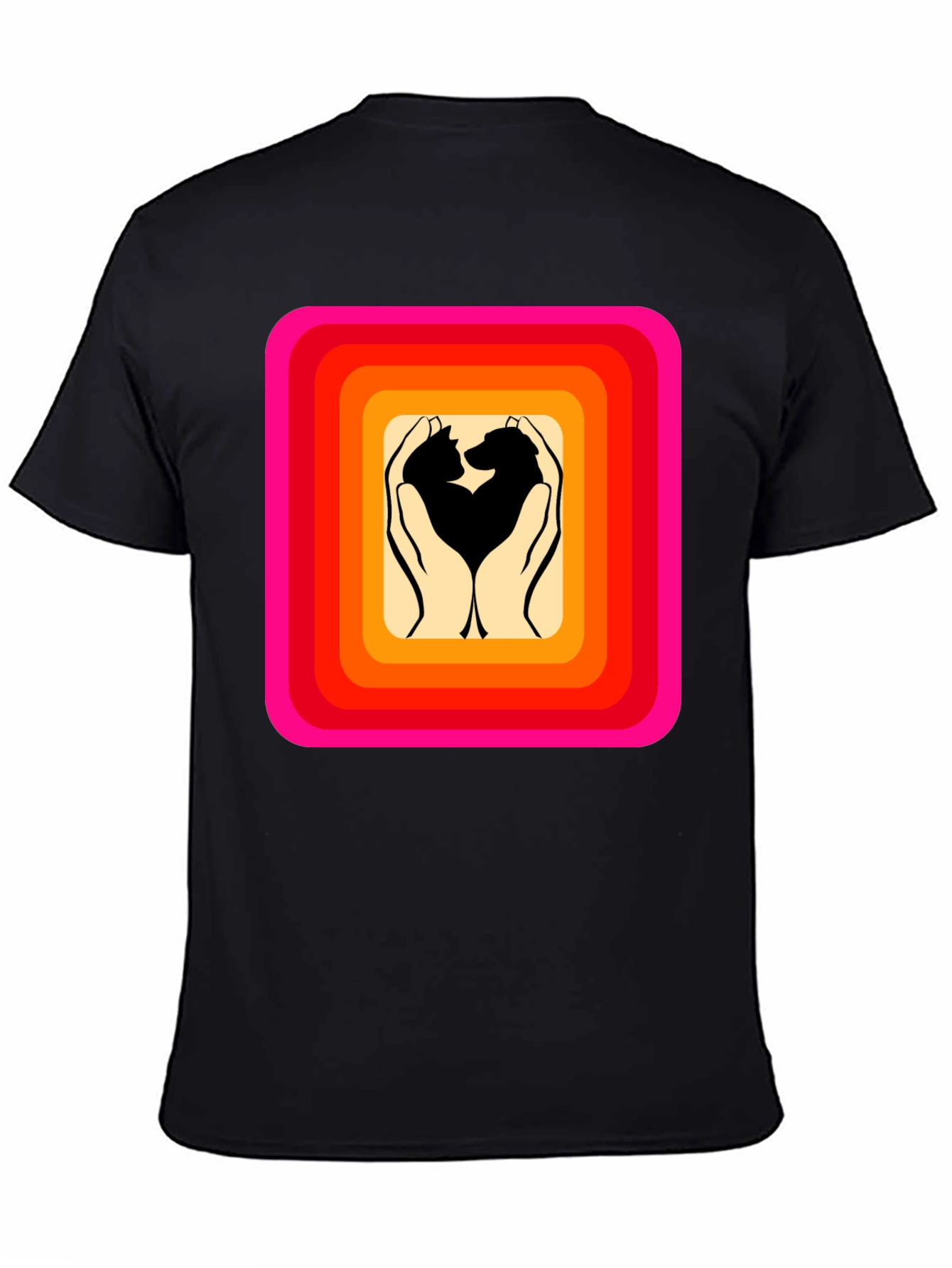 Retro Pet Love T-Shirt: Cat & Dog Hands Heart