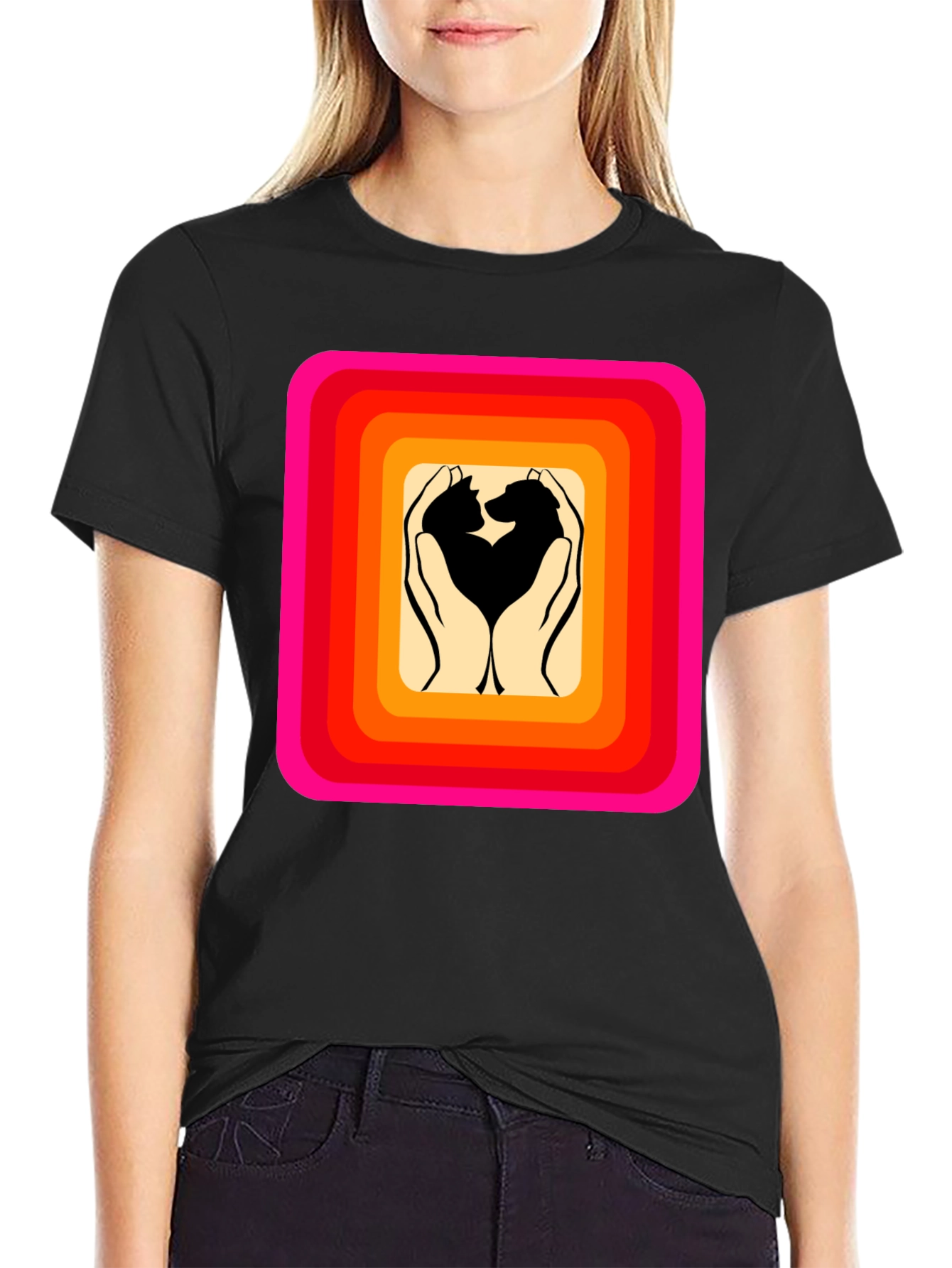 Retro Pet Love T-Shirt: Cat & Dog Hands Heart