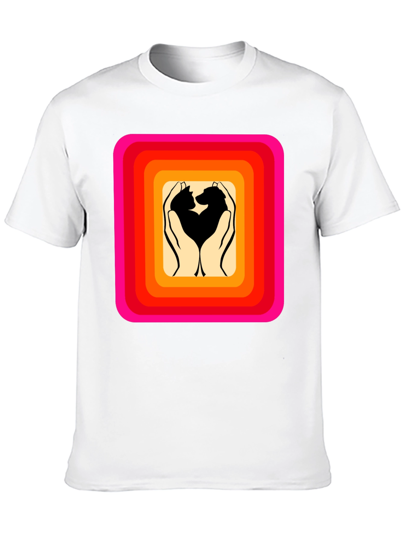 Retro Pet Love T-Shirt: Cat & Dog Hands Heart