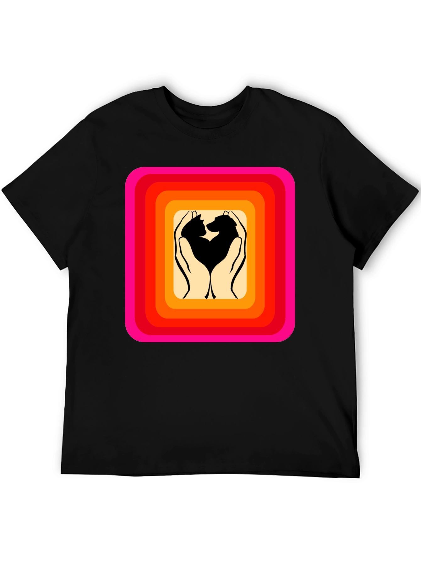 Retro Pet Love T-Shirt: Cat & Dog Hands Heart