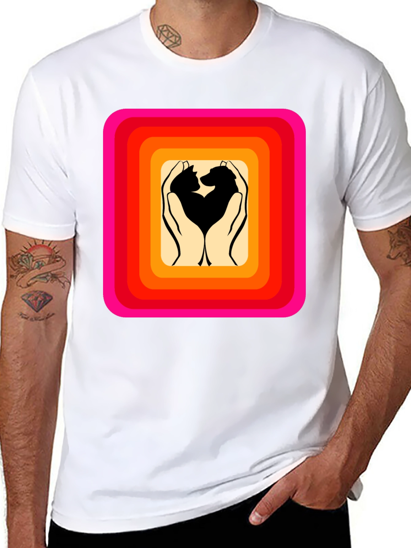 Retro Pet Love T-Shirt: Cat & Dog Hands Heart