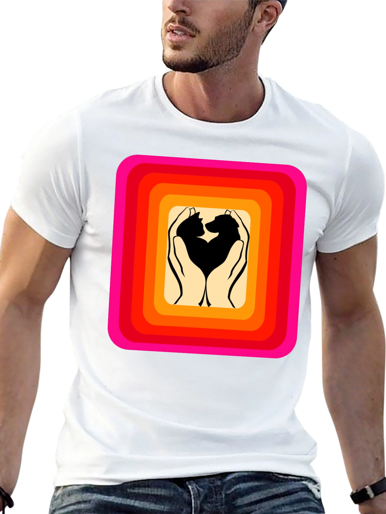 Retro Pet Love T-Shirt: Cat & Dog Hands Heart