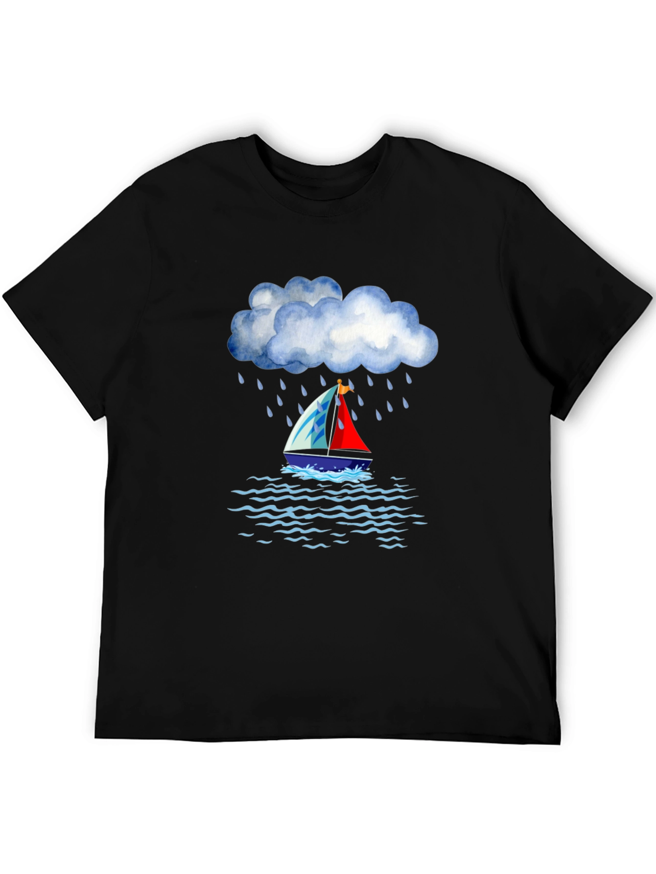 Rainy Day Sailboat Graphic Tee - Black Cotton T-Shirt