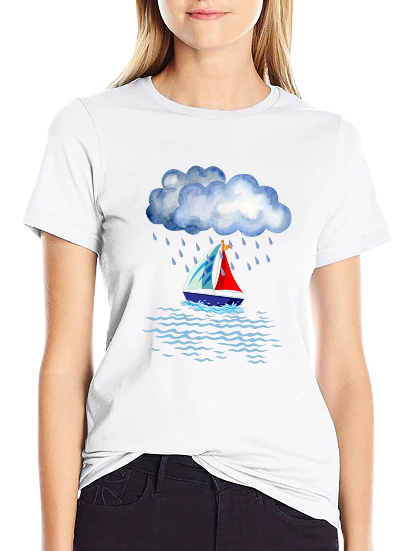 Rainy Day Sailboat Graphic Tee - Black Cotton T-Shirt