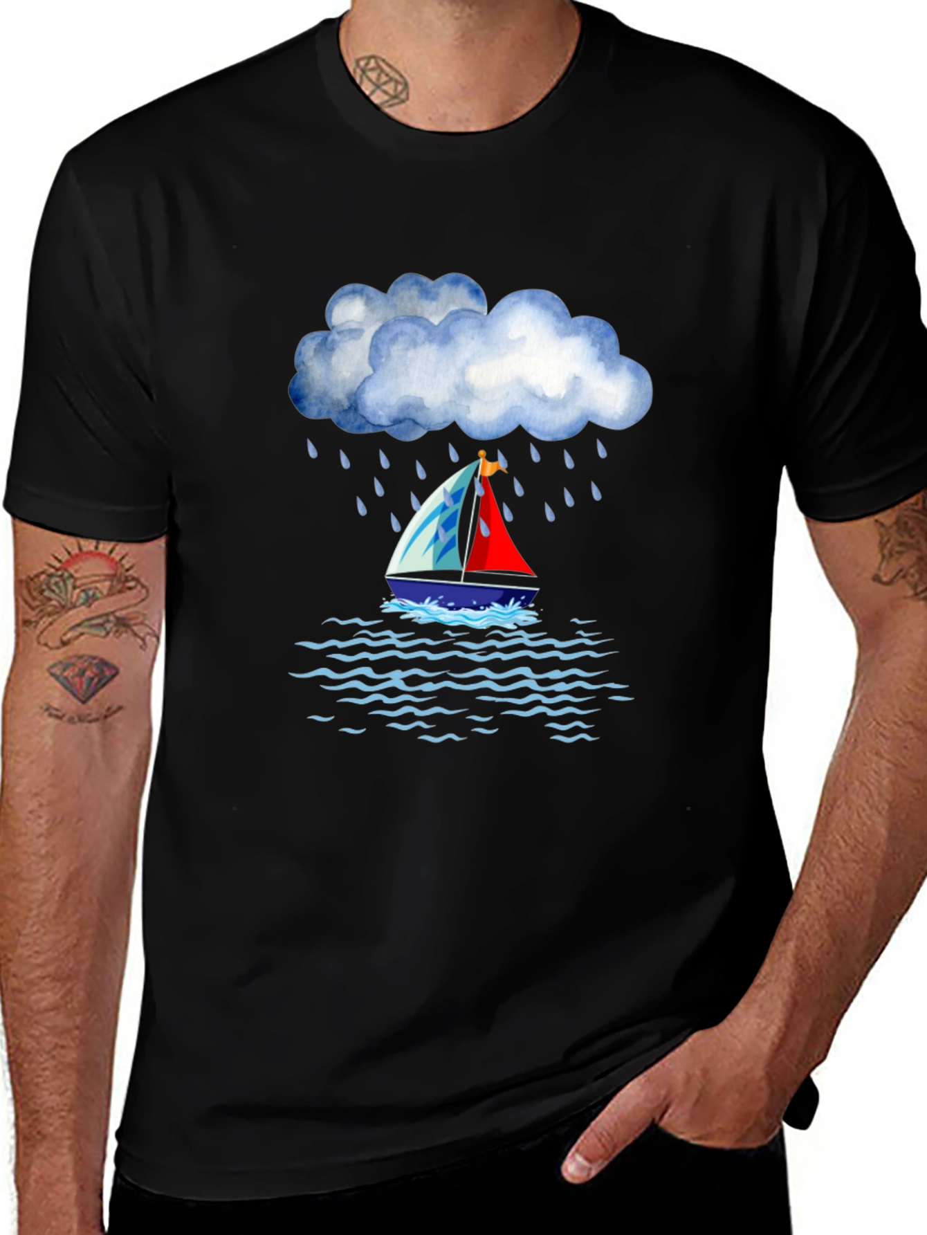 Rainy Day Sailboat Graphic Tee - Black Cotton T-Shirt
