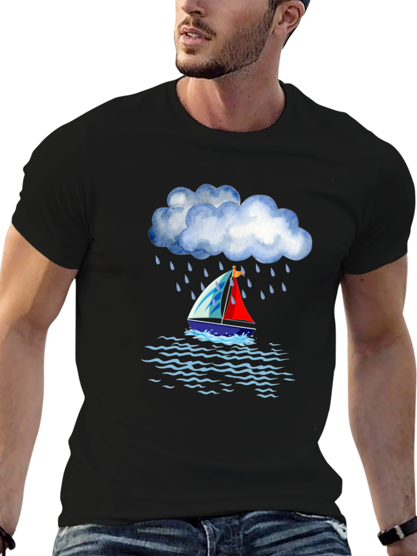 Rainy Day Sailboat Graphic Tee - Black Cotton T-Shirt
