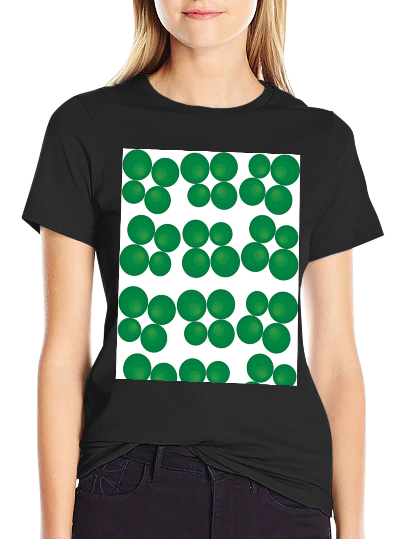Green Spheres Pattern Black T-Shirt