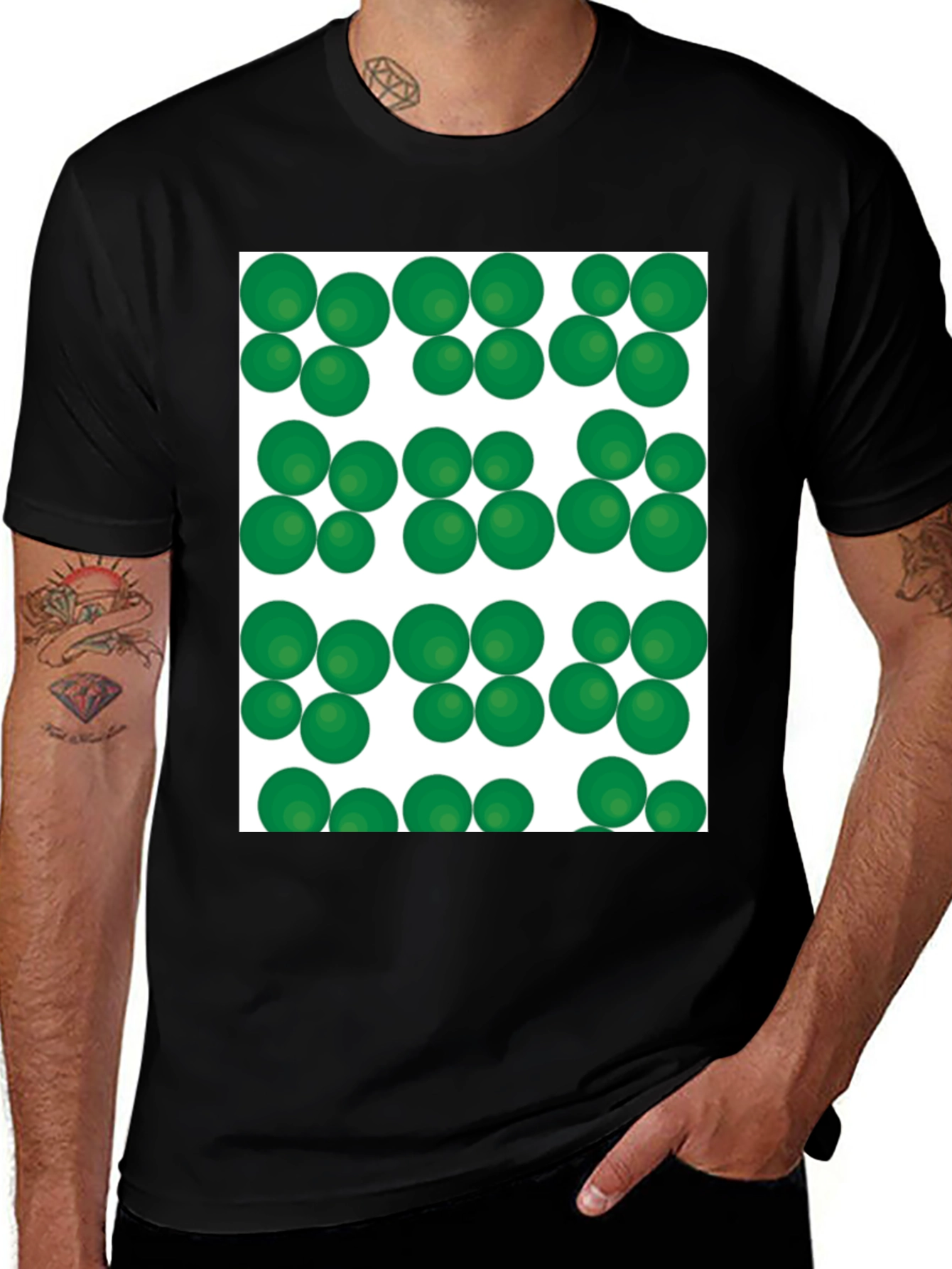 Green Spheres Pattern Black T-Shirt