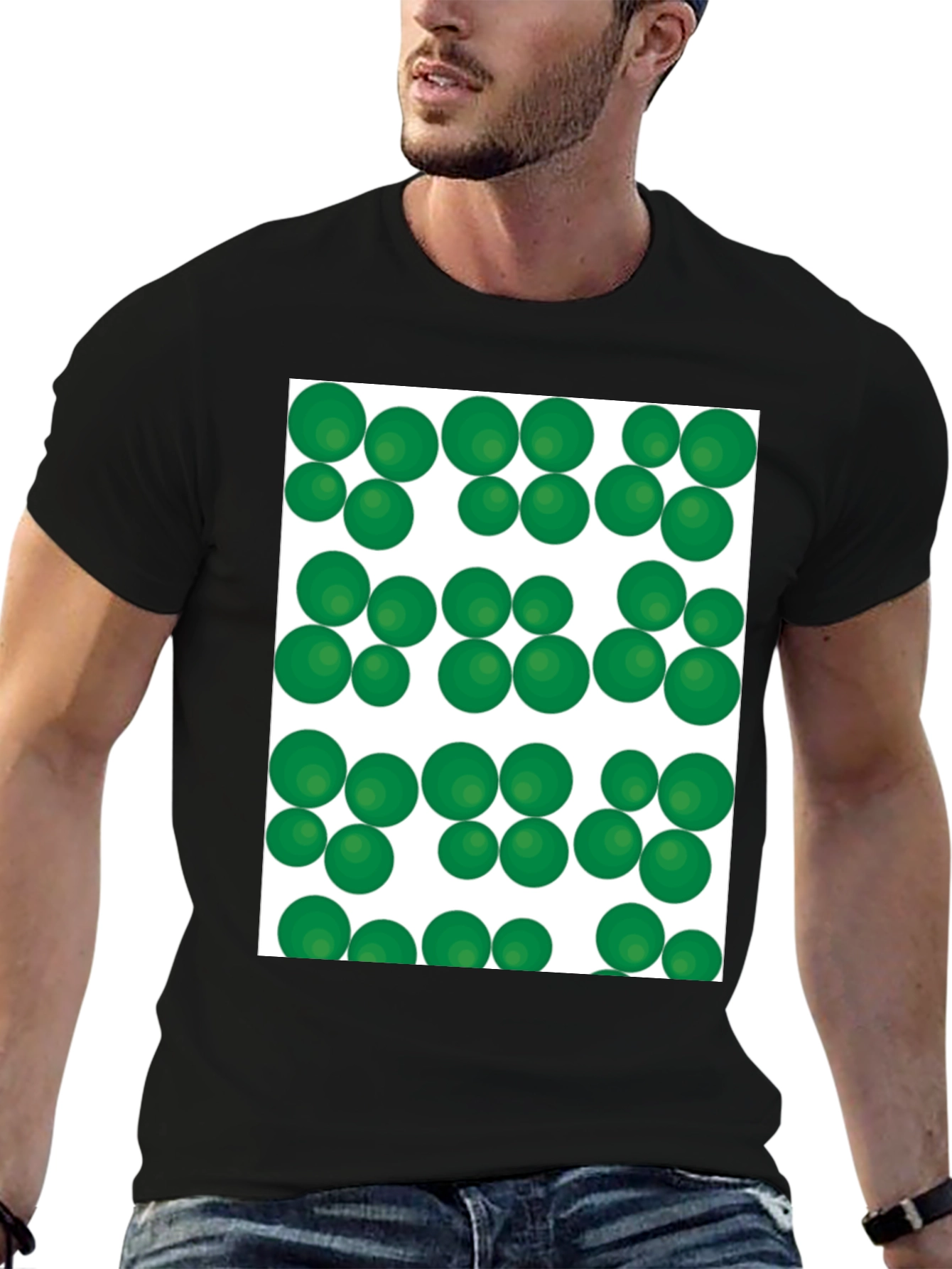 Green Spheres Pattern Black T-Shirt