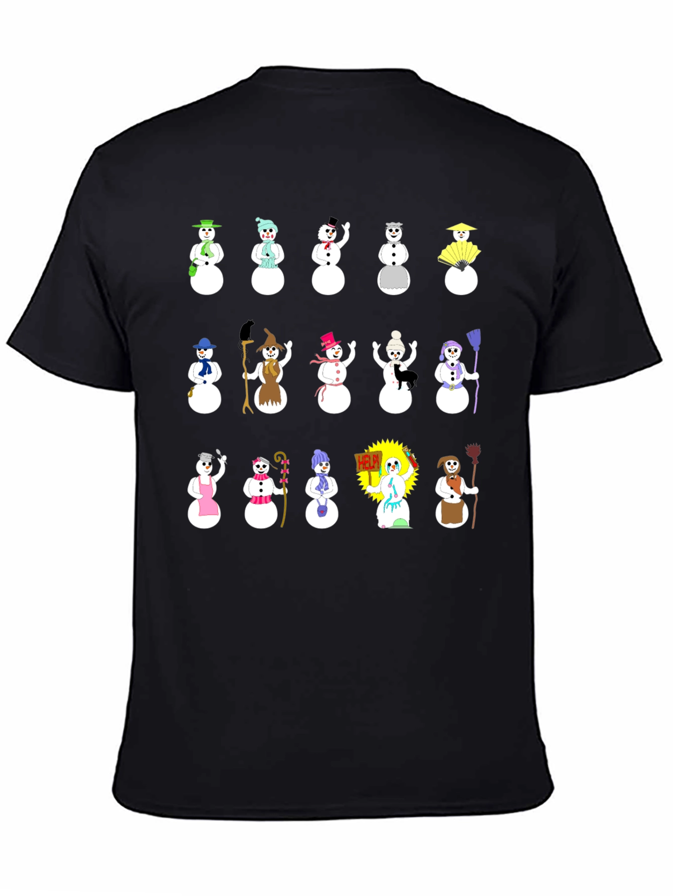 Whimsical Snowman Character T-Shirt - Black
