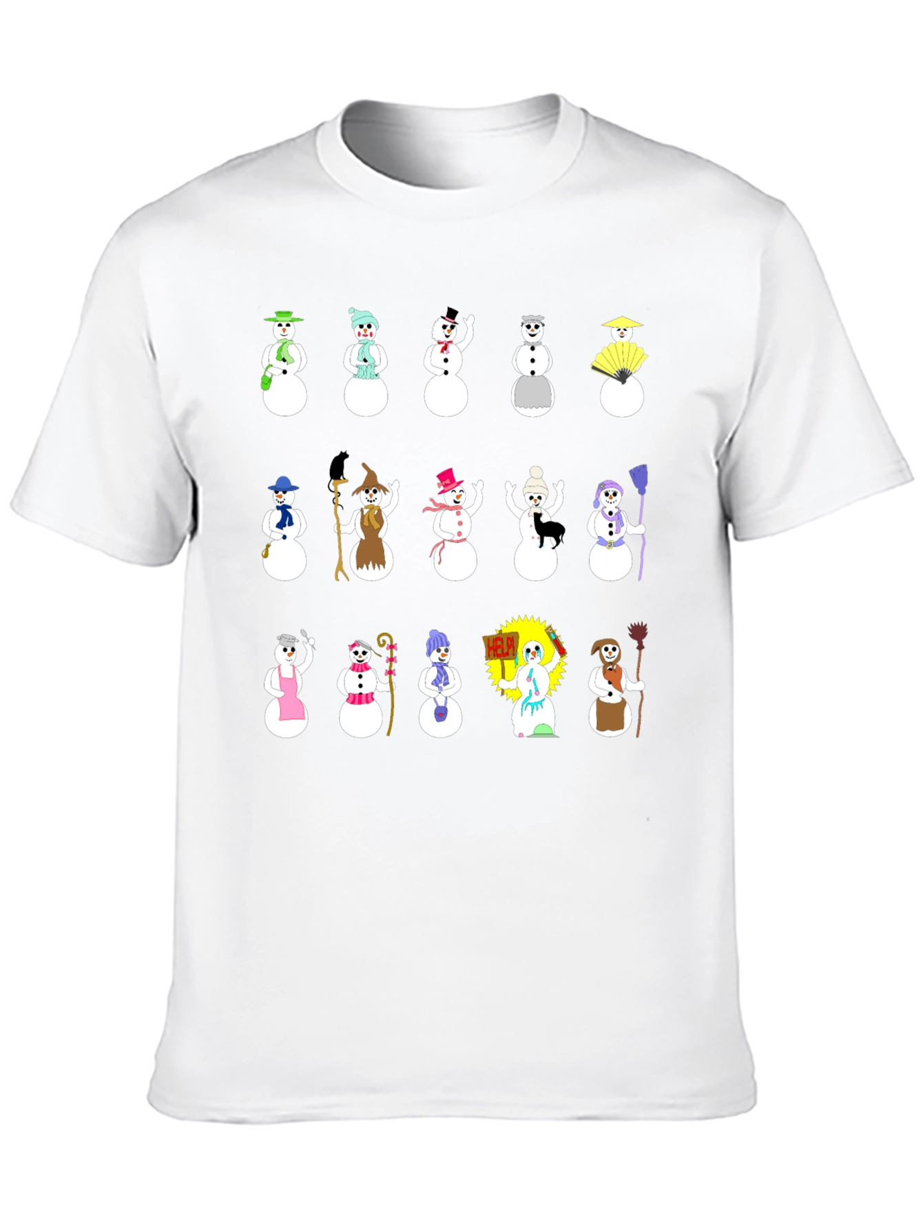 Whimsical Snowman Character T-Shirt - Black