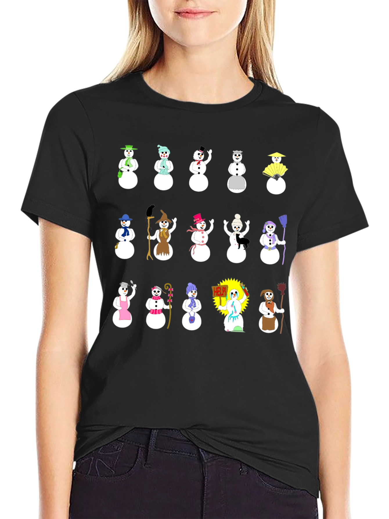 Whimsical Snowman Character T-Shirt - Black