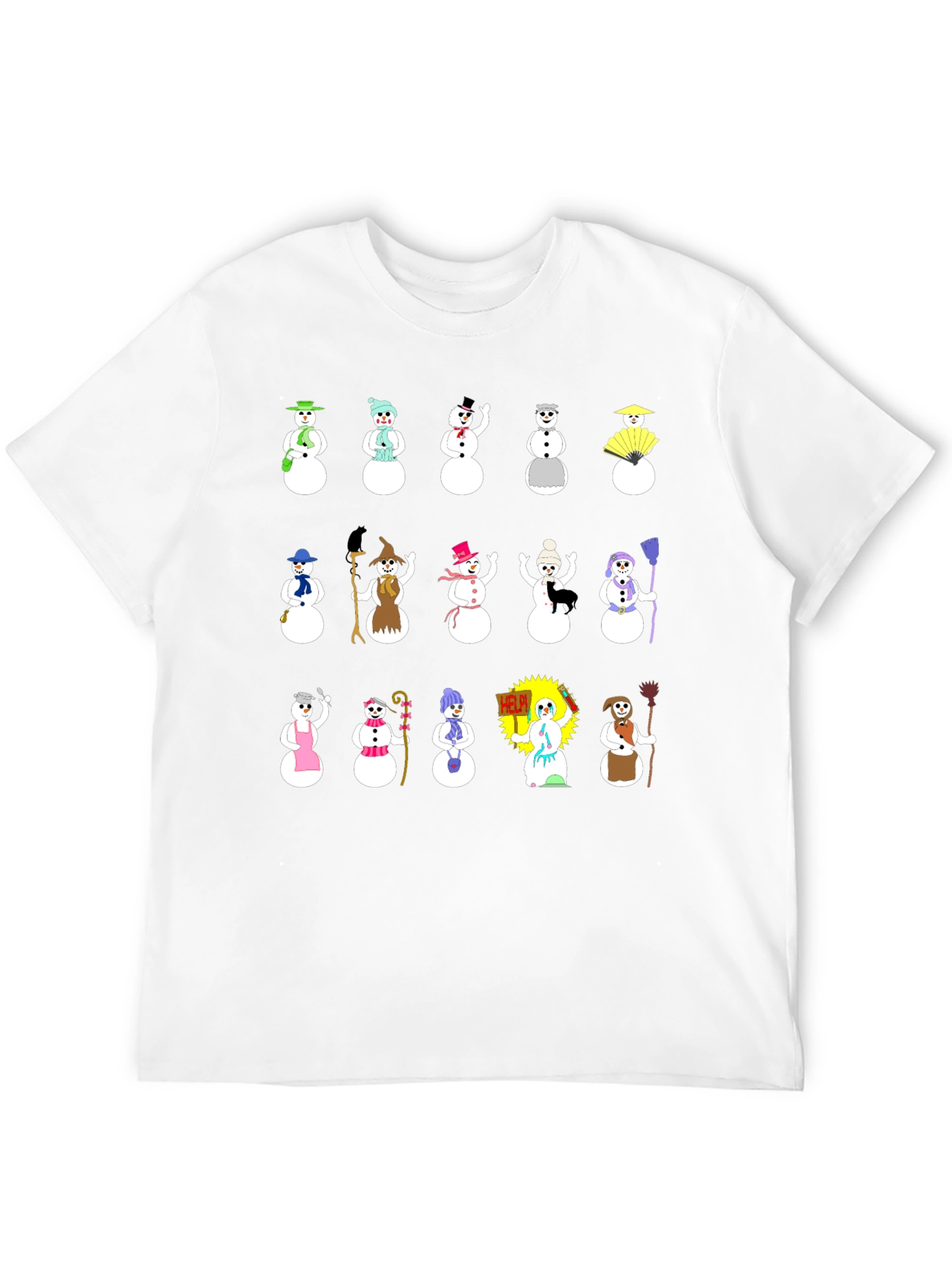 Whimsical Snowman Character T-Shirt - Black