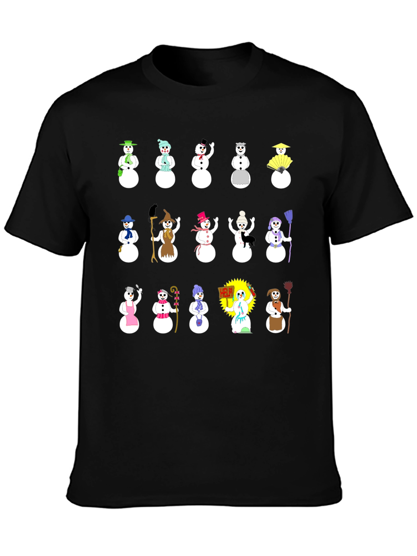 Whimsical Snowman Character T-Shirt - Black