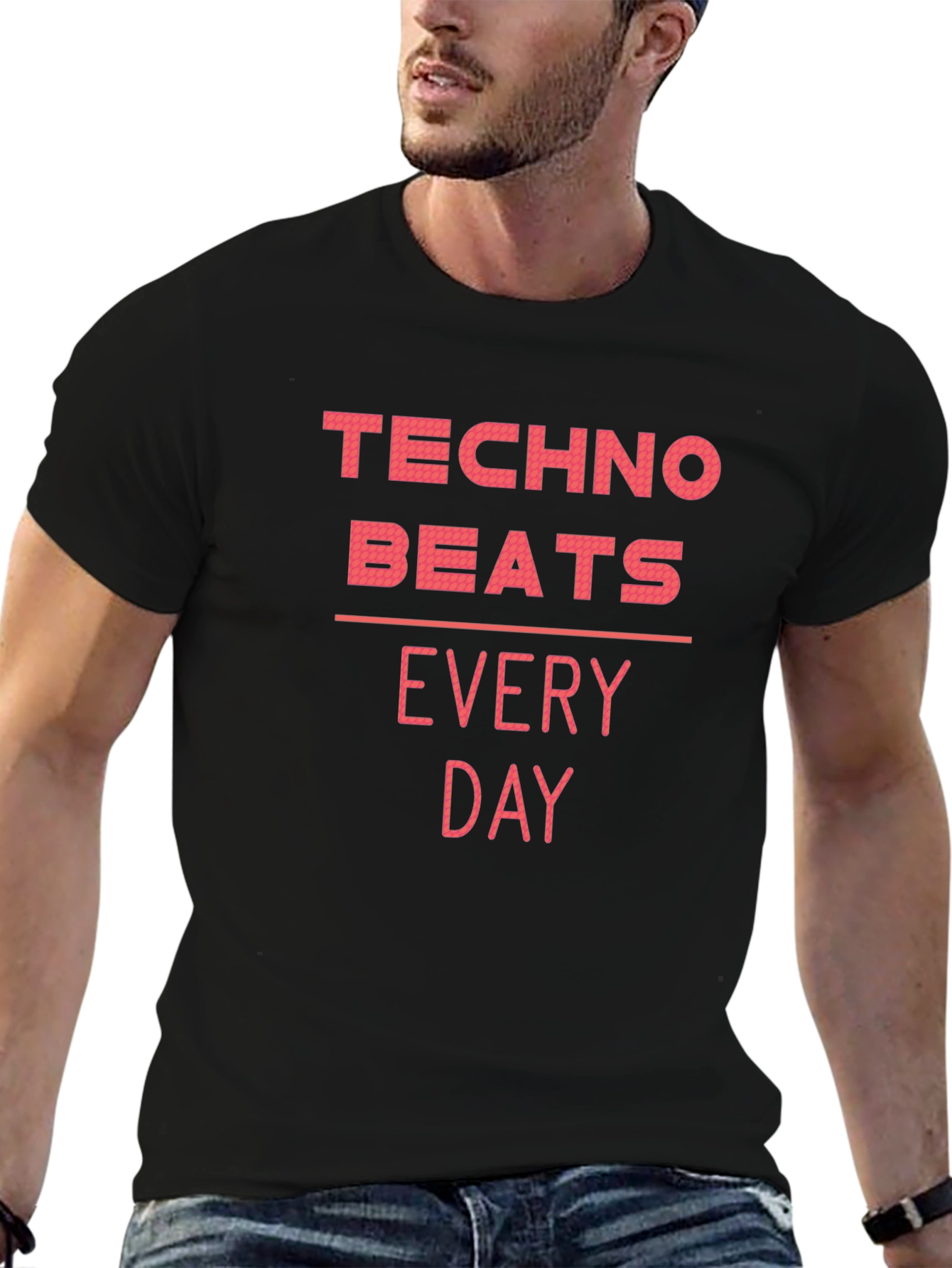 Techno Beats Every Day Black Graphic T-Shirt