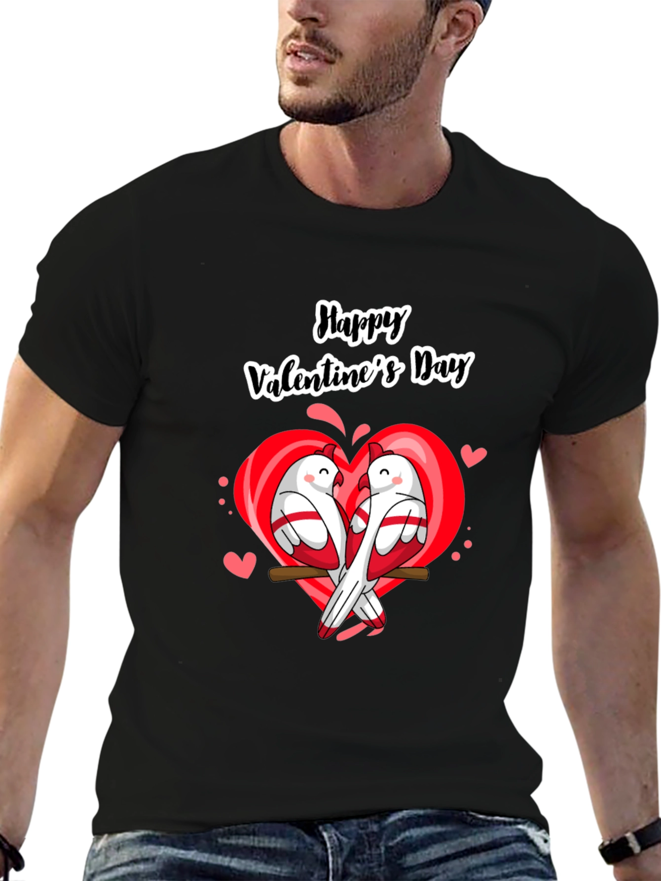 Valentines Day Birds Heart Black T-Shirt