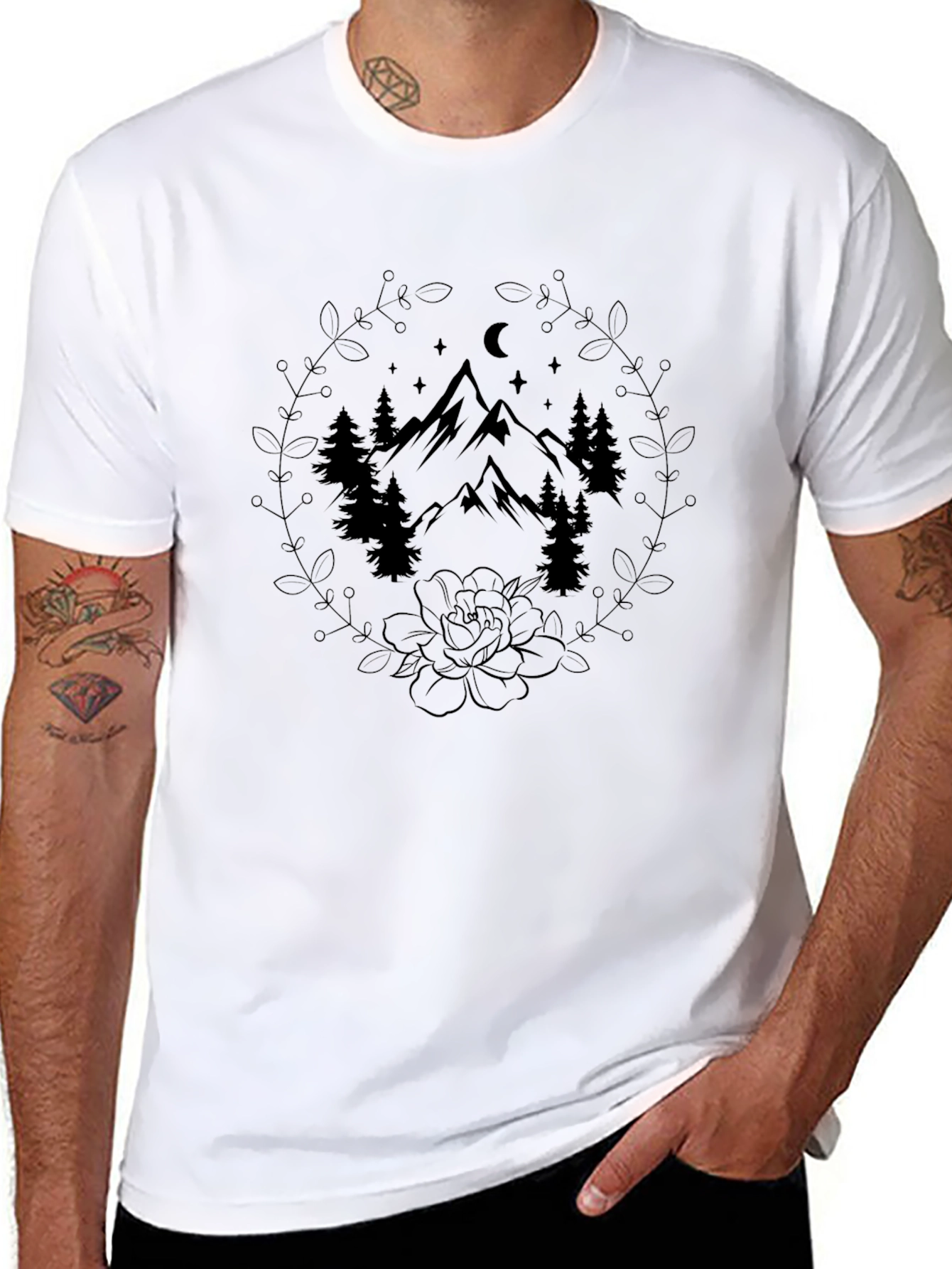 Mountain & Floral Graphic Tee - Black
