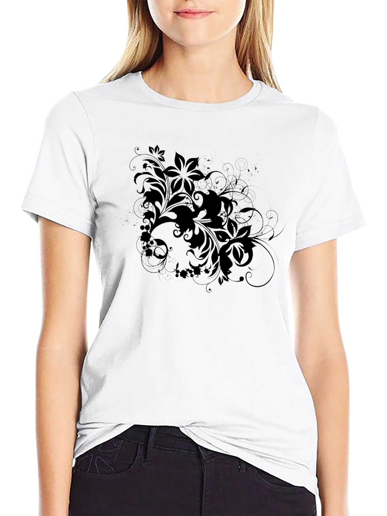 Floral Accent Tee - Black Cotton Graphic T-Shirt