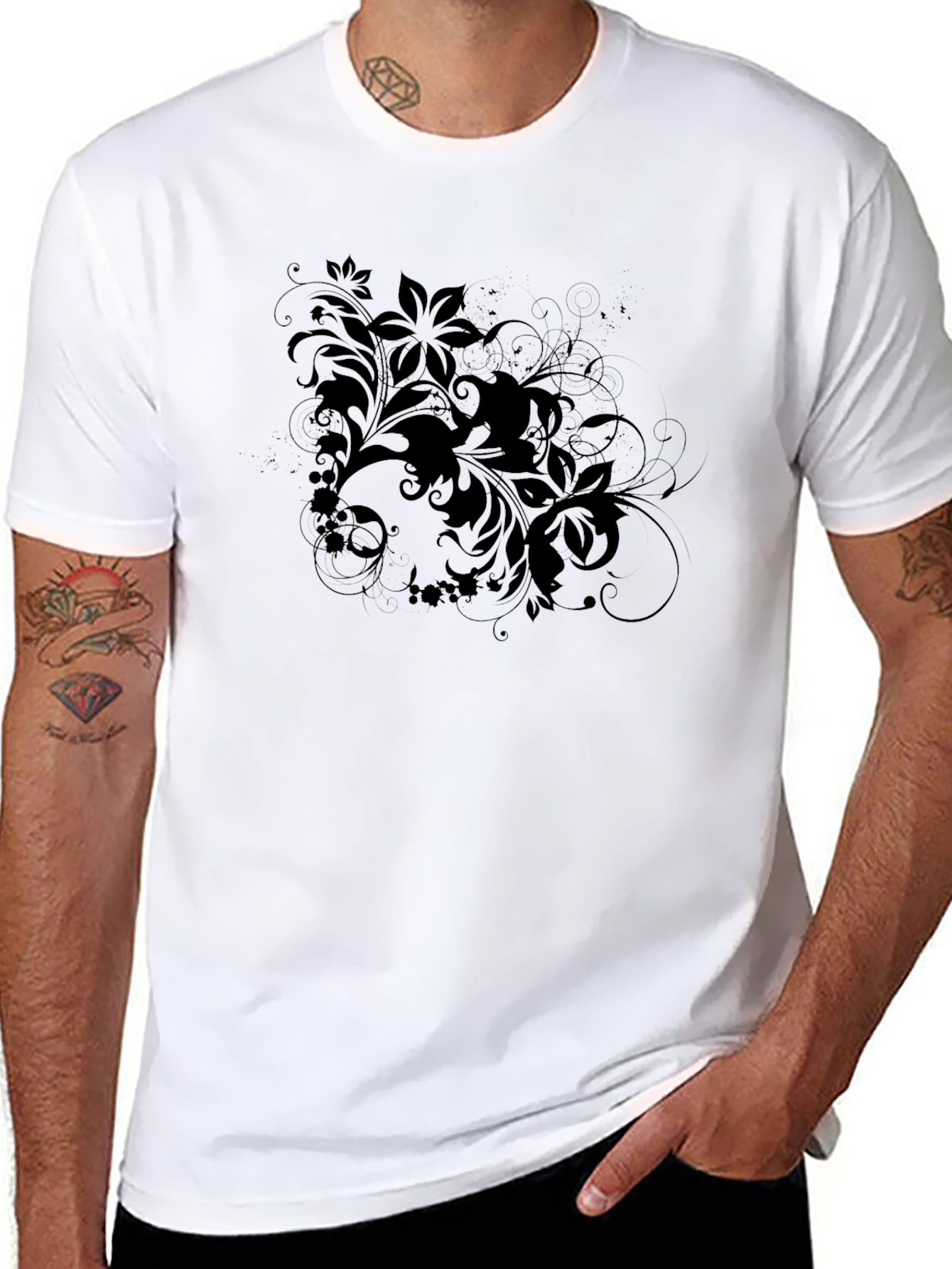 Floral Accent Tee - Black Cotton Graphic T-Shirt