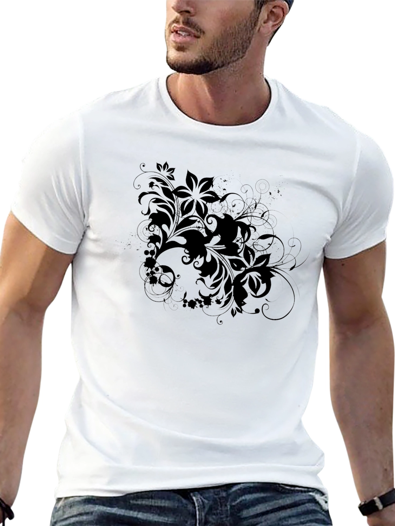 Floral Accent Tee - Black Cotton Graphic T-Shirt